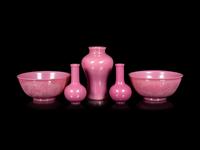 Five Chinese Opaque Pink Glass Articles