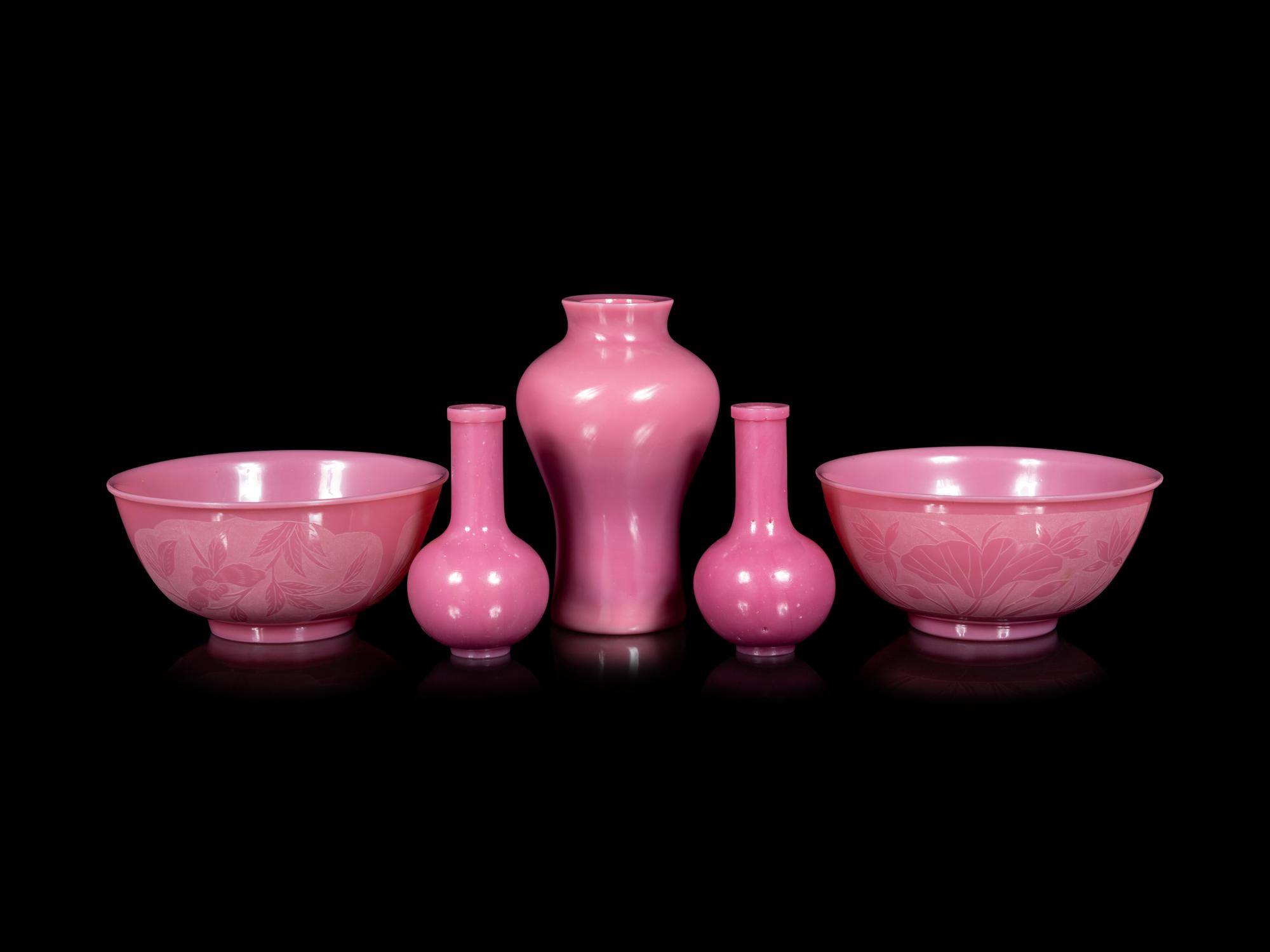 Five Chinese Opaque Pink Glass Articles
