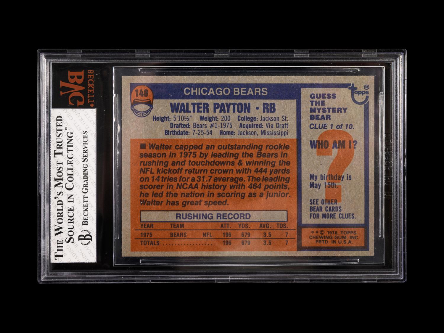 A 1976 Topps Walter Payton Rookie Football Card No. 148, BVG 8 NM-MT