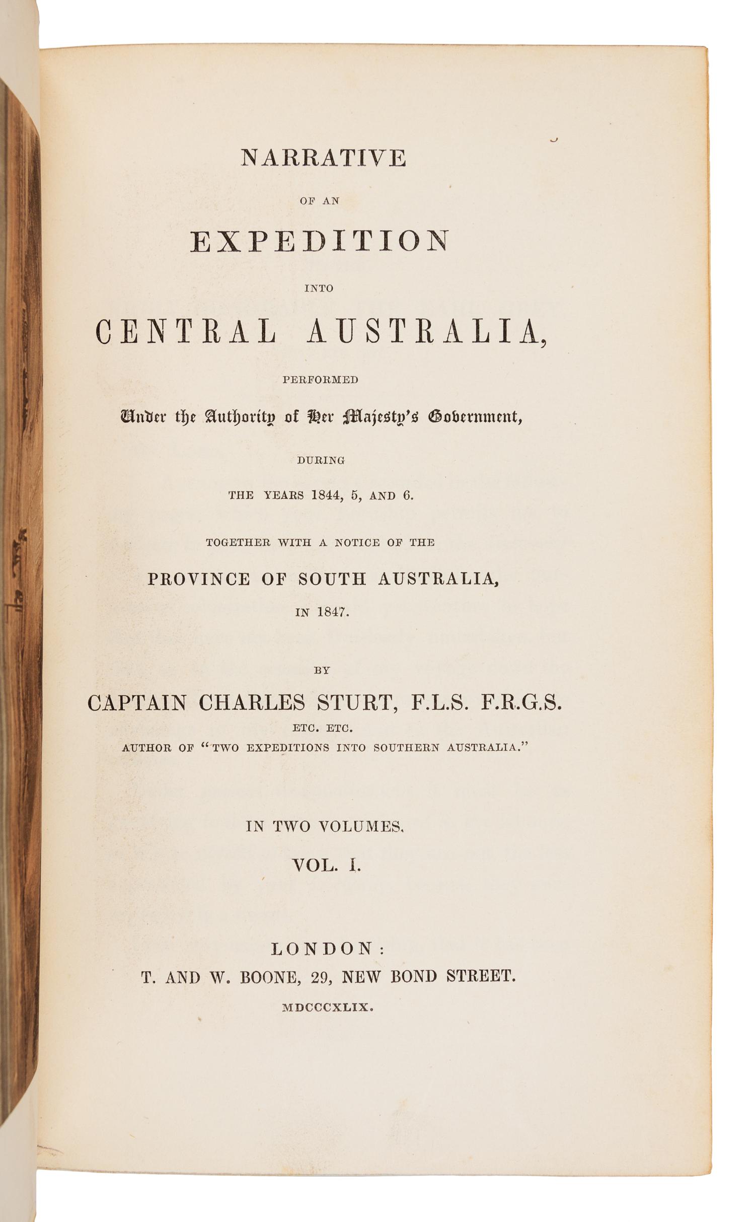 STURT, Charles, Captain (1795-1869). Narrative of an Expedition into Central Australia... London, 1848. FIRST EDITION.
