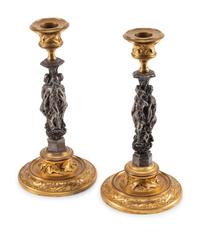 A Pair of Continental Gilt Bronze and Pewter Candlesticks