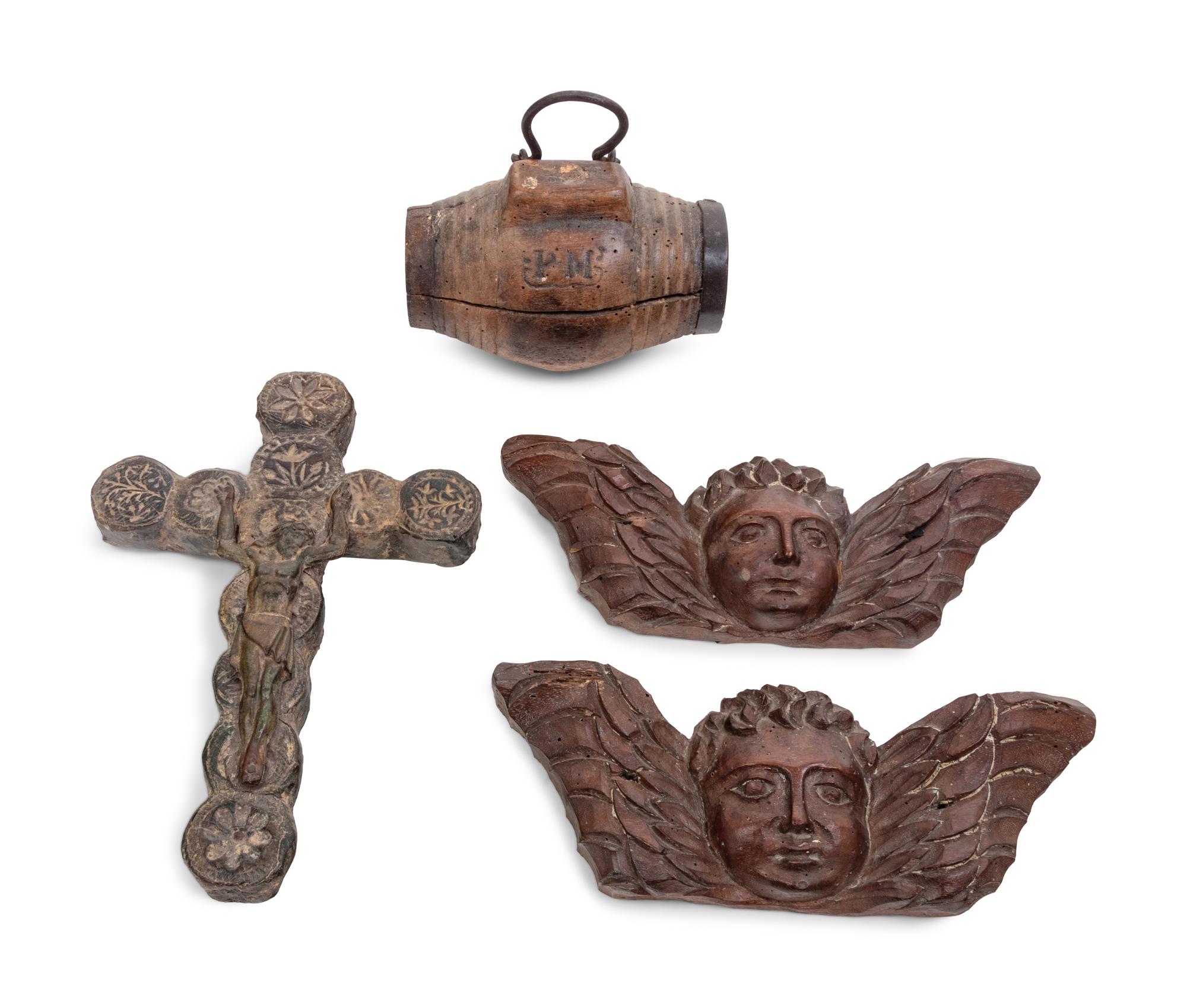 A Colonial Polychrome Decorated Lead Crucifix with a Brandy Cask and Two Carved Putto Masks