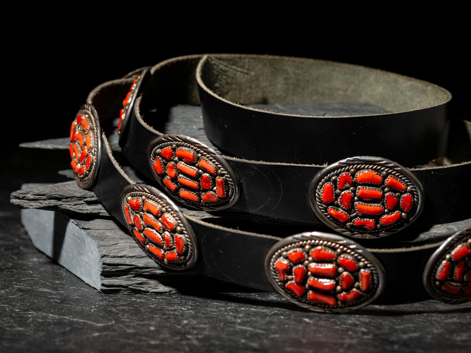 Navajo Sterling Silver and Coral Cluster Concha Belt