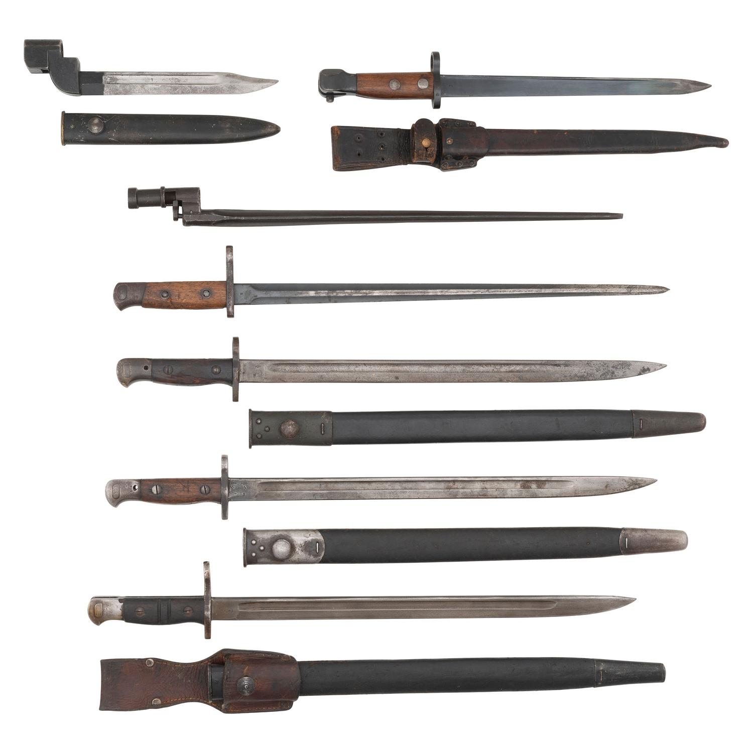 Lot of Four English Bayonets including Enfield No 9MKI, 1907, and Three European Bayonets