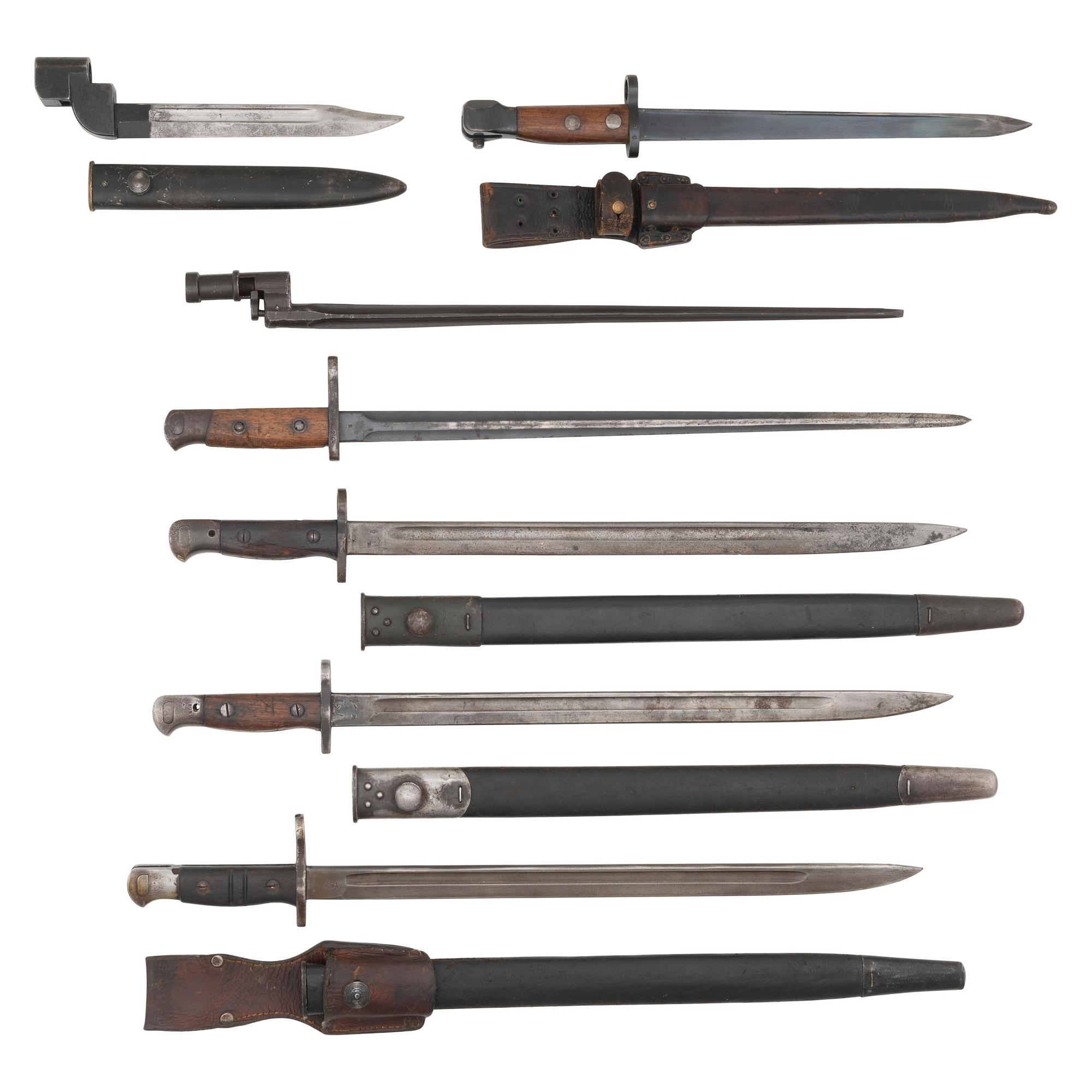 Lot of Four English Bayonets including Enfield No 9MKI, 1907, and Three European Bayonets
