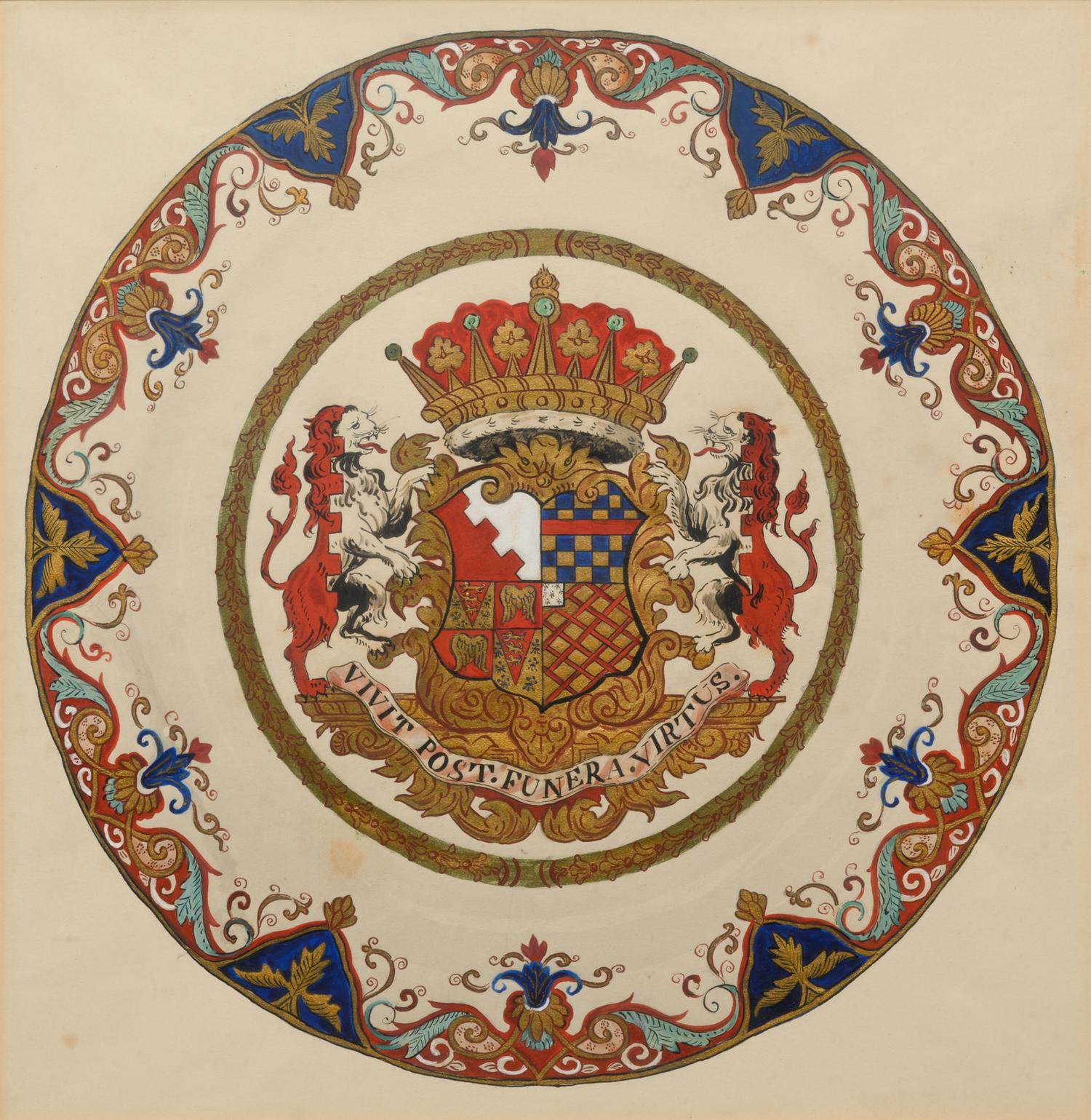 Five Parcel Gilt Watercolor Paintings of Armorial Porcelain Designs