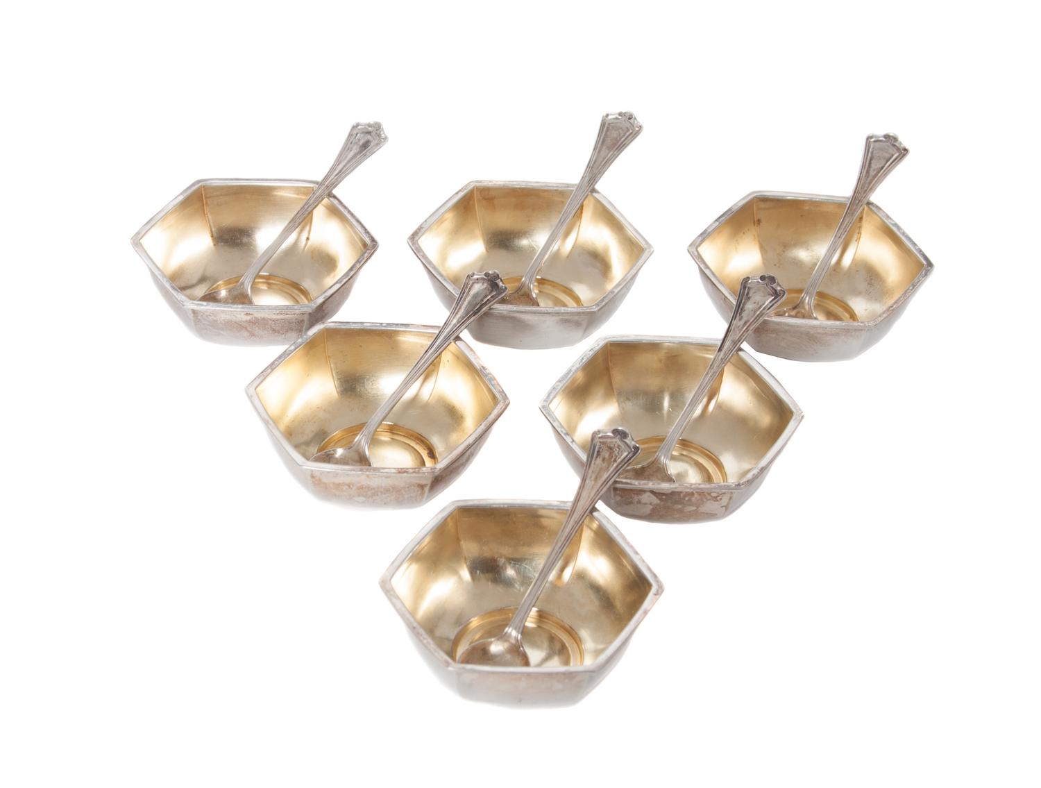 A Set of Six American Silver Salt Cellars, Early 20th Century, Baker-Manchester Mfg. Co., Providence, Rhode Island, each of hexagonal f