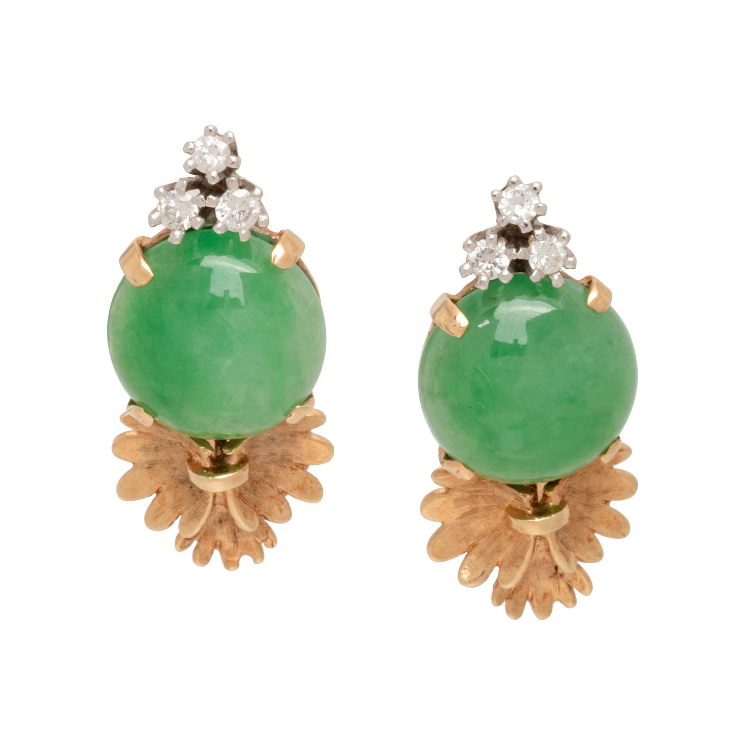 YELLOW GOLD, JADE AND DIAMOND EARCLIPS