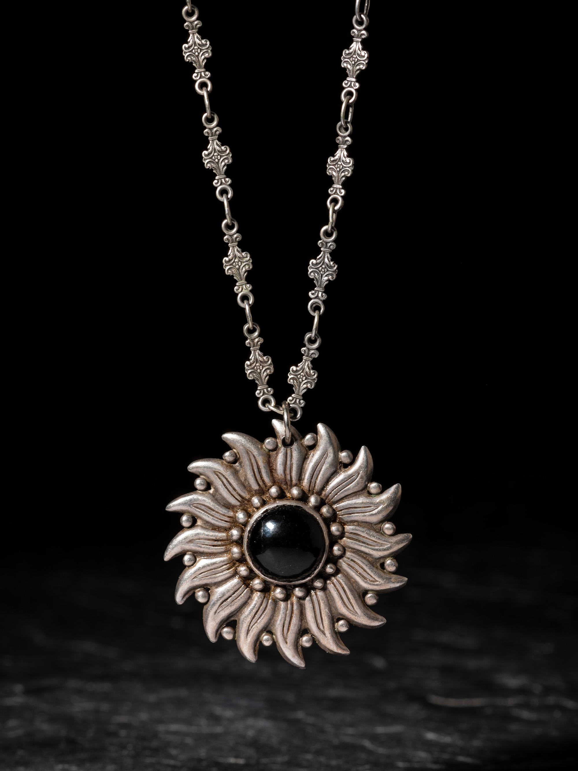 Taxco Silver and Onyx Sunburst Necklace