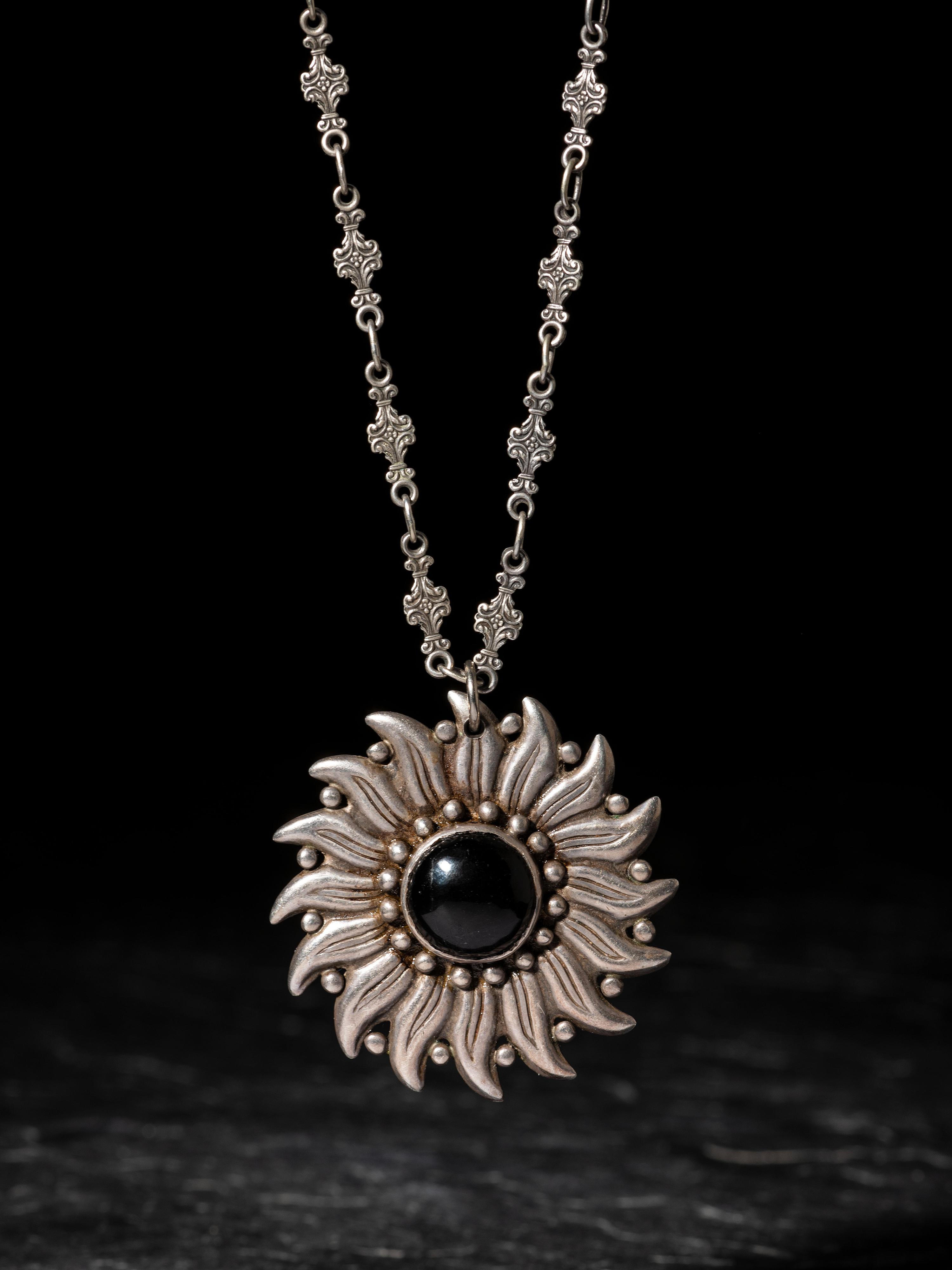 Taxco Silver and Onyx Sunburst Necklace