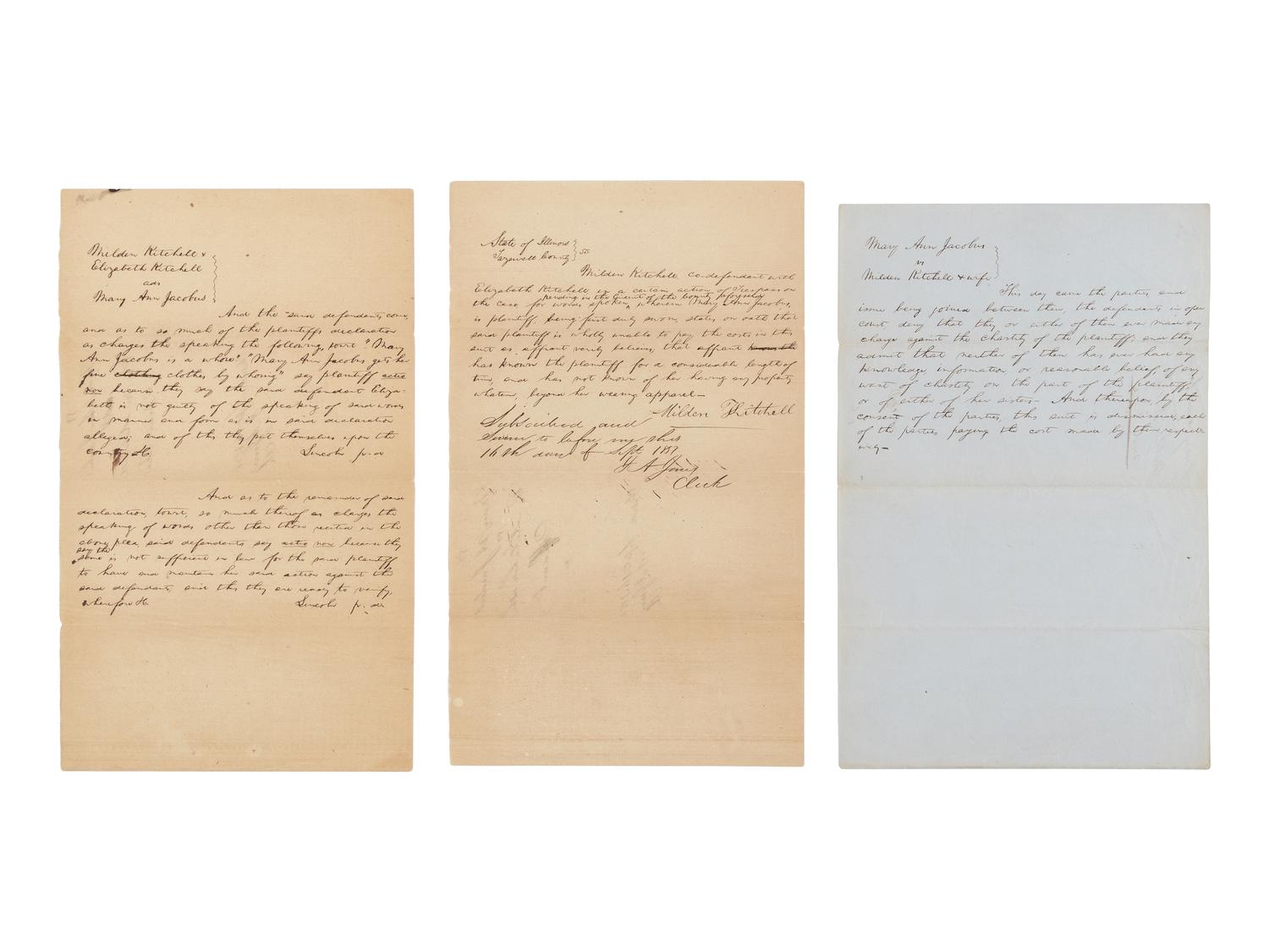 LINCOLN, Abraham (1809-1865). A group of 3 autograph documents in Lincoln's hand relating to the legal case Mary Ann Jacobus vs. Kitchell & Kitchell. Tazewell County, Illinois, 1851.