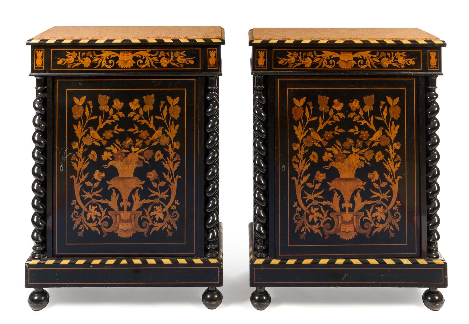 A Pair of Dutch Marquetry Decorated Ebony Side Cabinets Height 43 x width 31 1/2 x depth 15 inches. — 19TH CENTURY