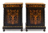 A Pair of Dutch Marquetry Decorated Ebony Side Cabinets Height 43 x width 31 1/2 x depth 15 inches. — 19TH CENTURY