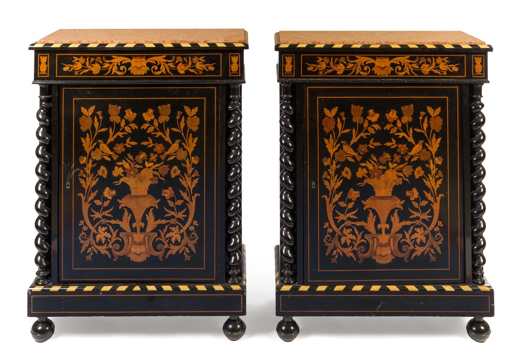 A Pair of Dutch Marquetry Decorated Ebony Side Cabinets Height 43 x width 31 1/2 x depth 15 inches. — 19TH CENTURY