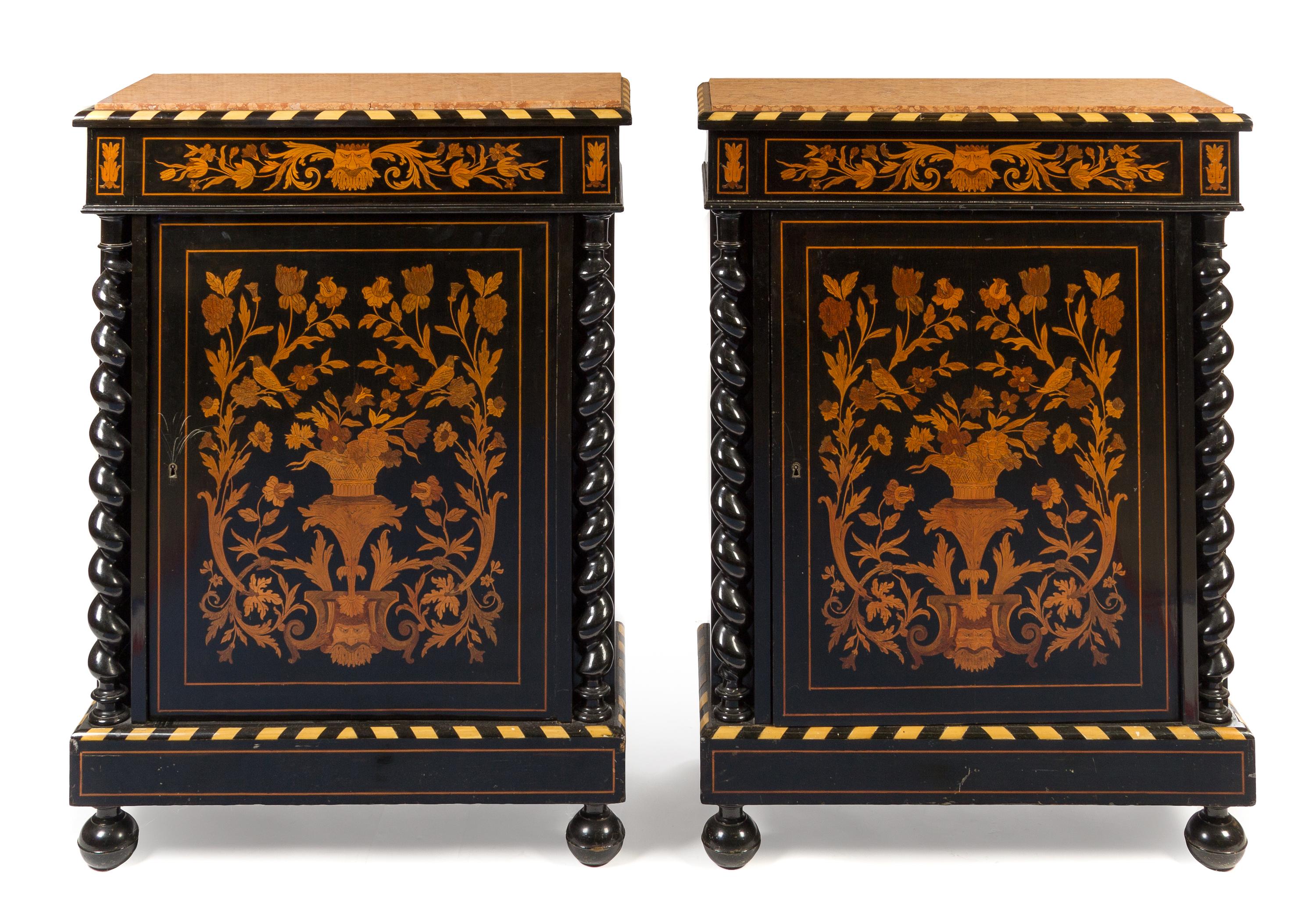 A Pair of Dutch Marquetry Decorated Ebony Side Cabinets Height 43 x width 31 1/2 x depth 15 inches. — 19TH CENTURY