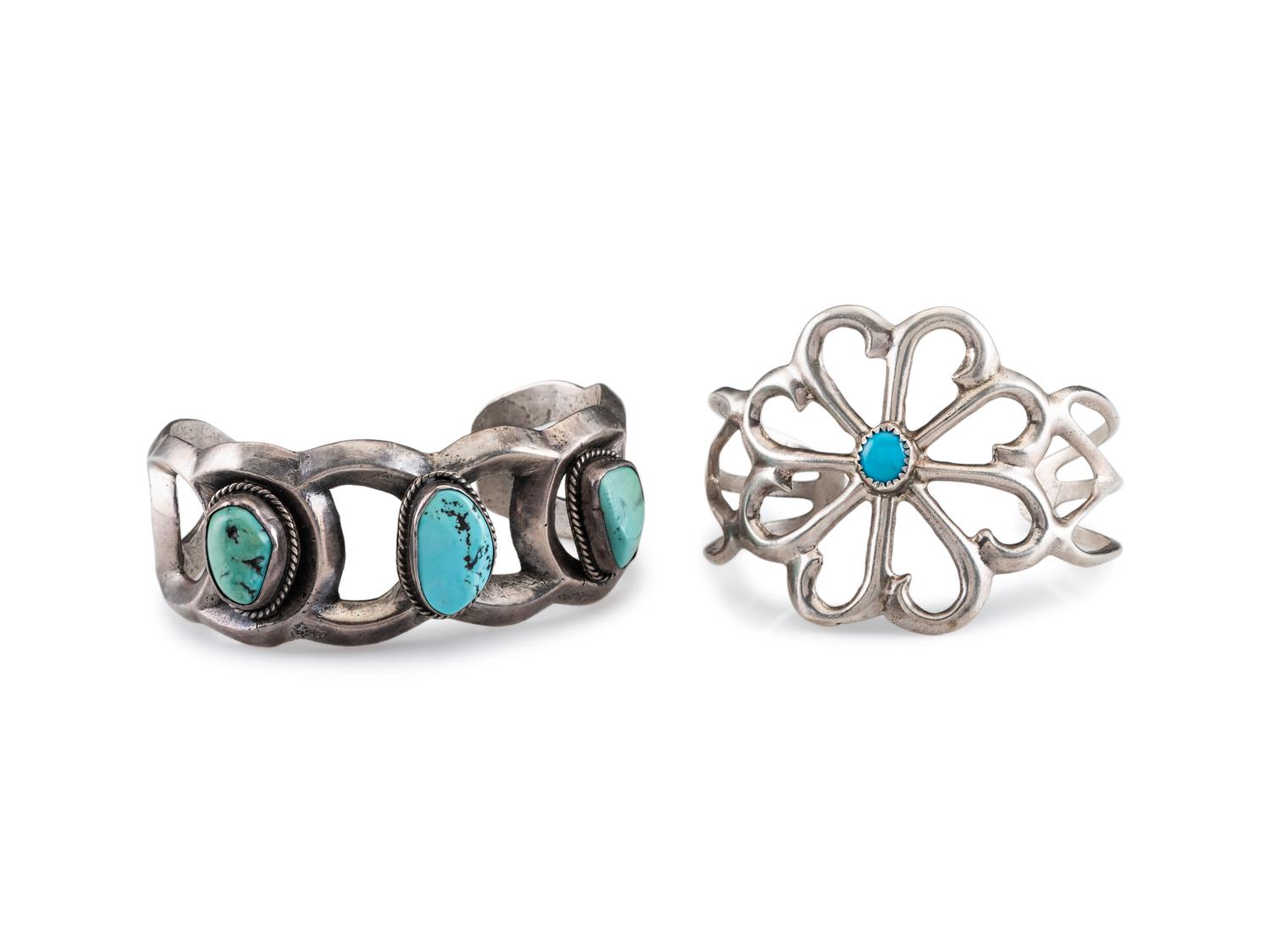 Navajo Sandcast Silver and Turquoise Cuff Bracelets