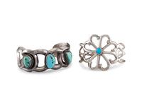 Navajo Sandcast Silver and Turquoise Cuff Bracelets