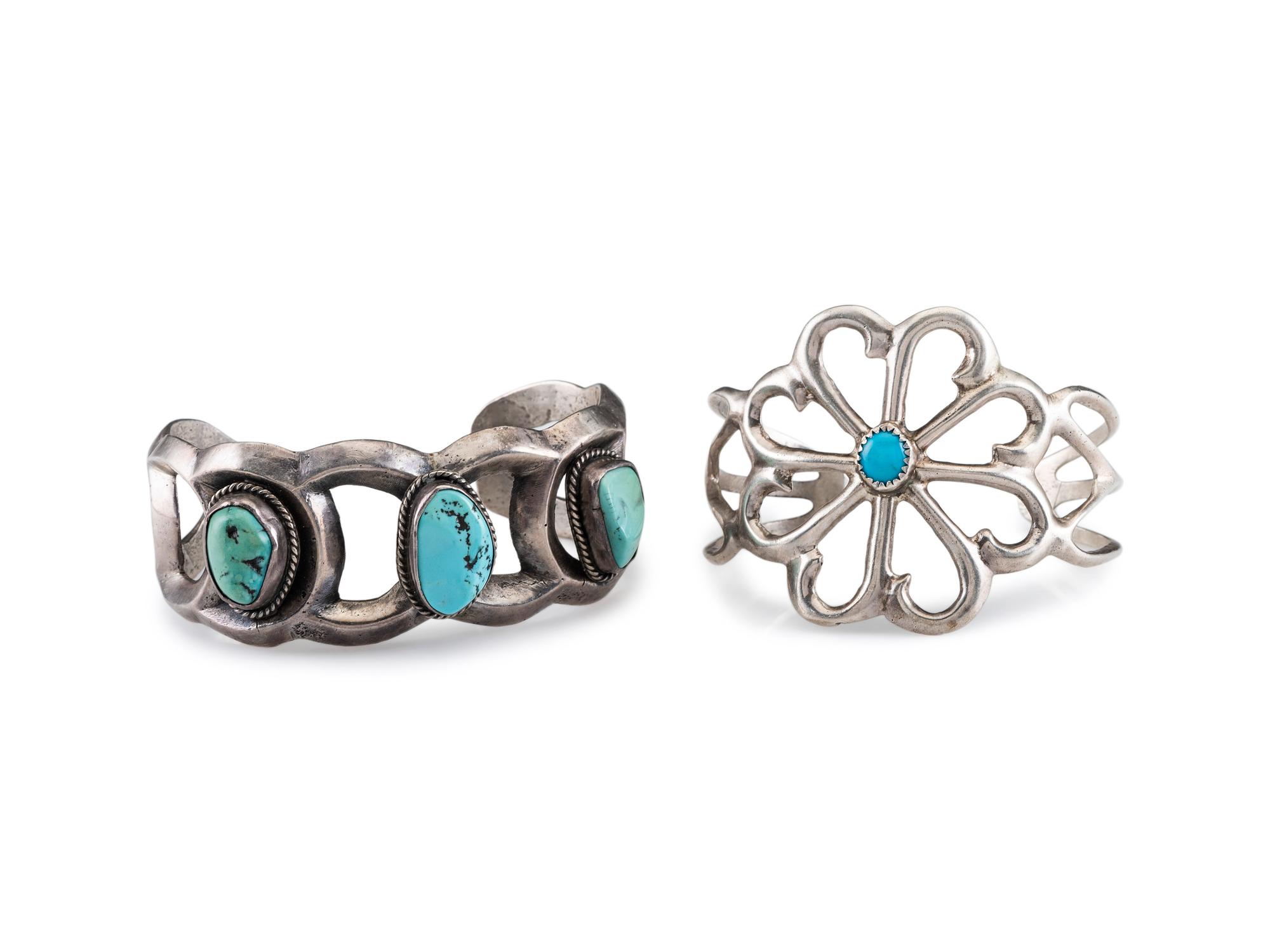 Navajo Sandcast Silver and Turquoise Cuff Bracelets