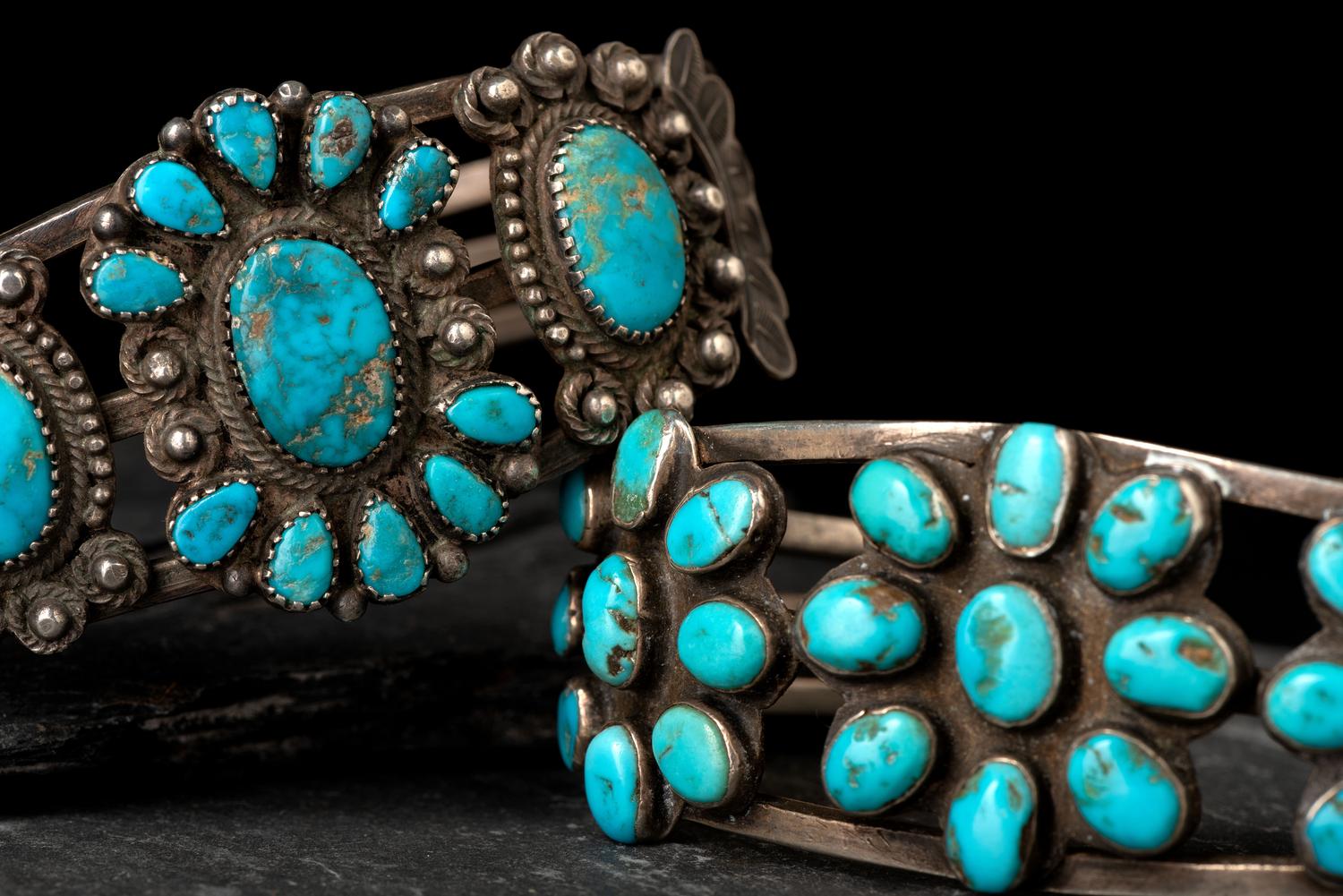 Navajo or Zuni Silver and Turquoise Cluster Cuff Bracelets