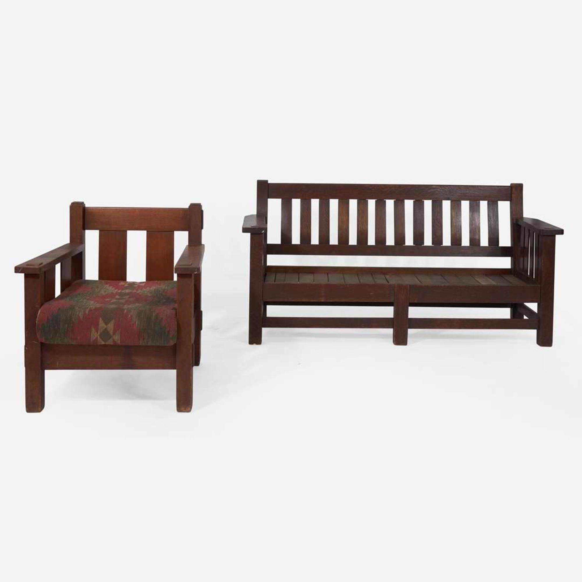 Stickley Brothers (American, active 1891-1954) Settle and Armchair, USA, circa 1905