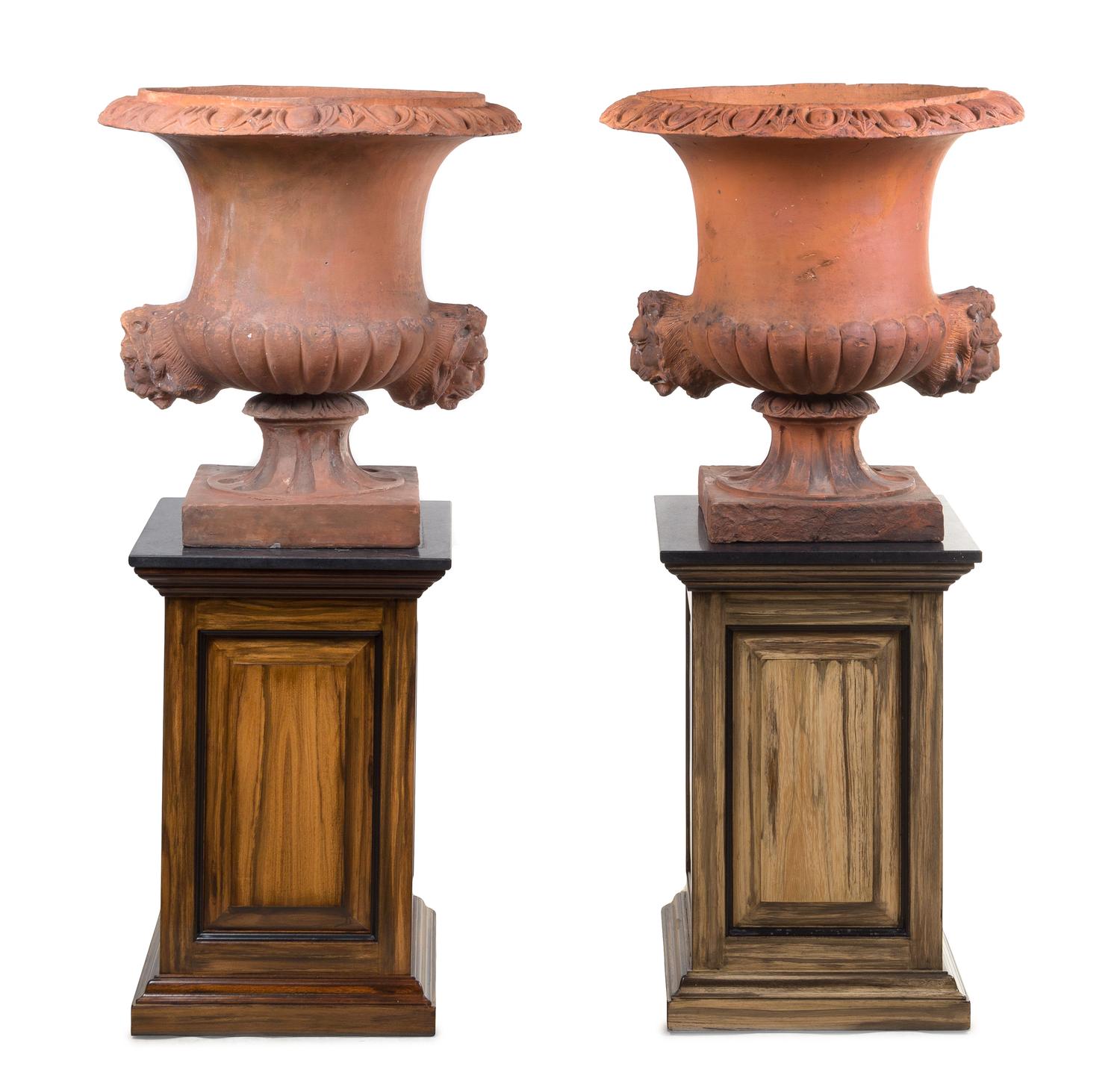 A Pair of Terra Cotta Urns on Stands Height 27 1/2 inches. — 19TH/20TH CENTURY