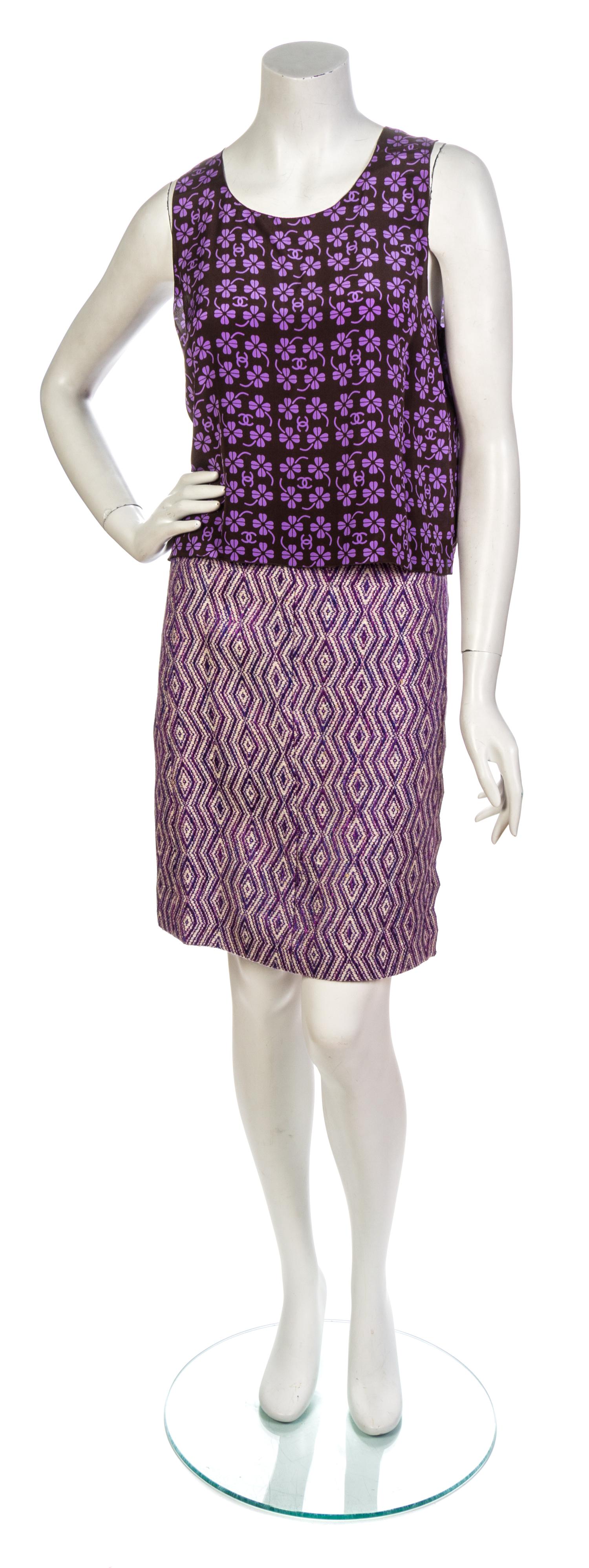 A Chanel Purple and Taupe Diamond Woven Wool Skirt Suit,