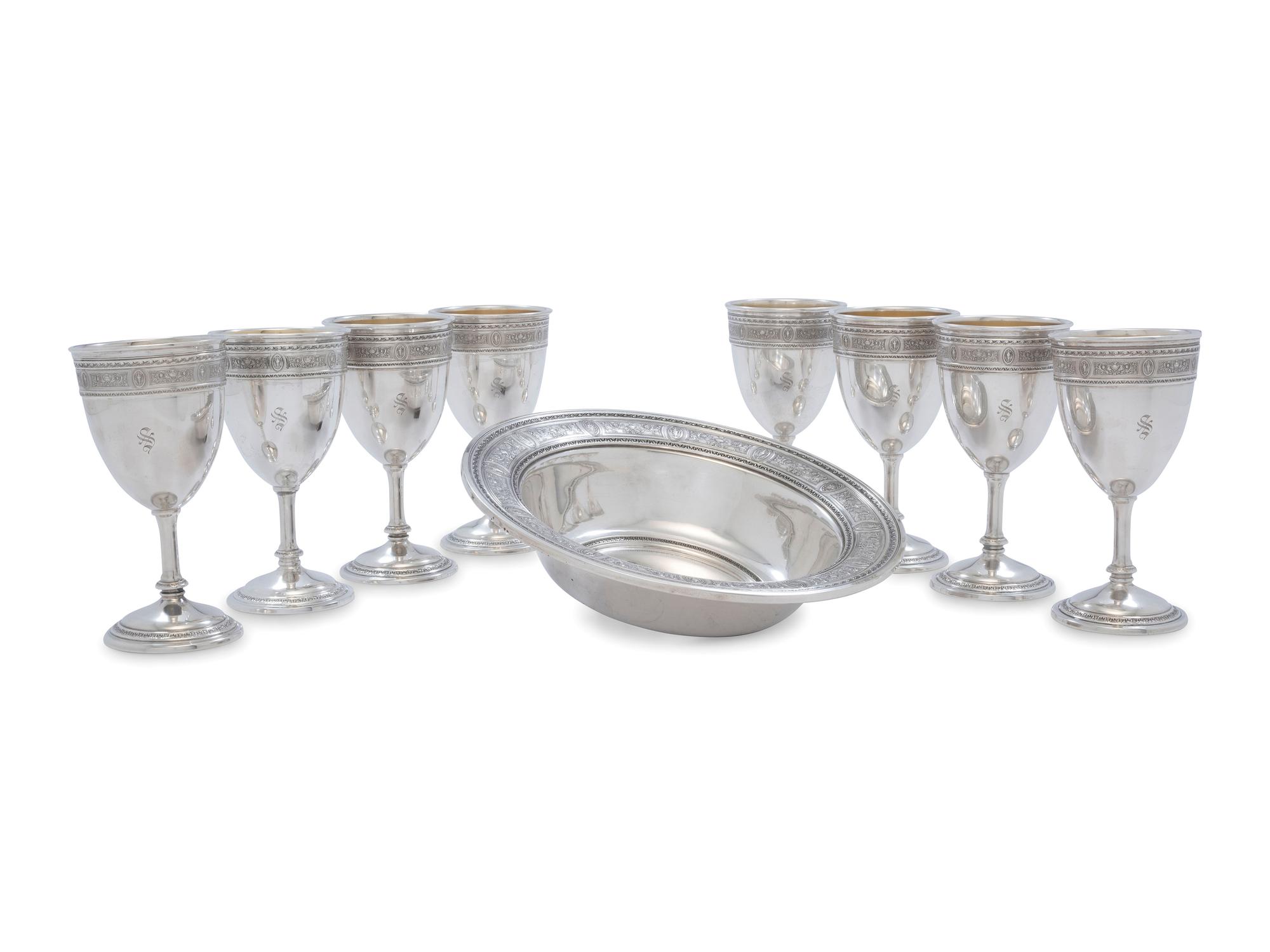 A Set of Eight American Silver Goblets and a Matching Bowl