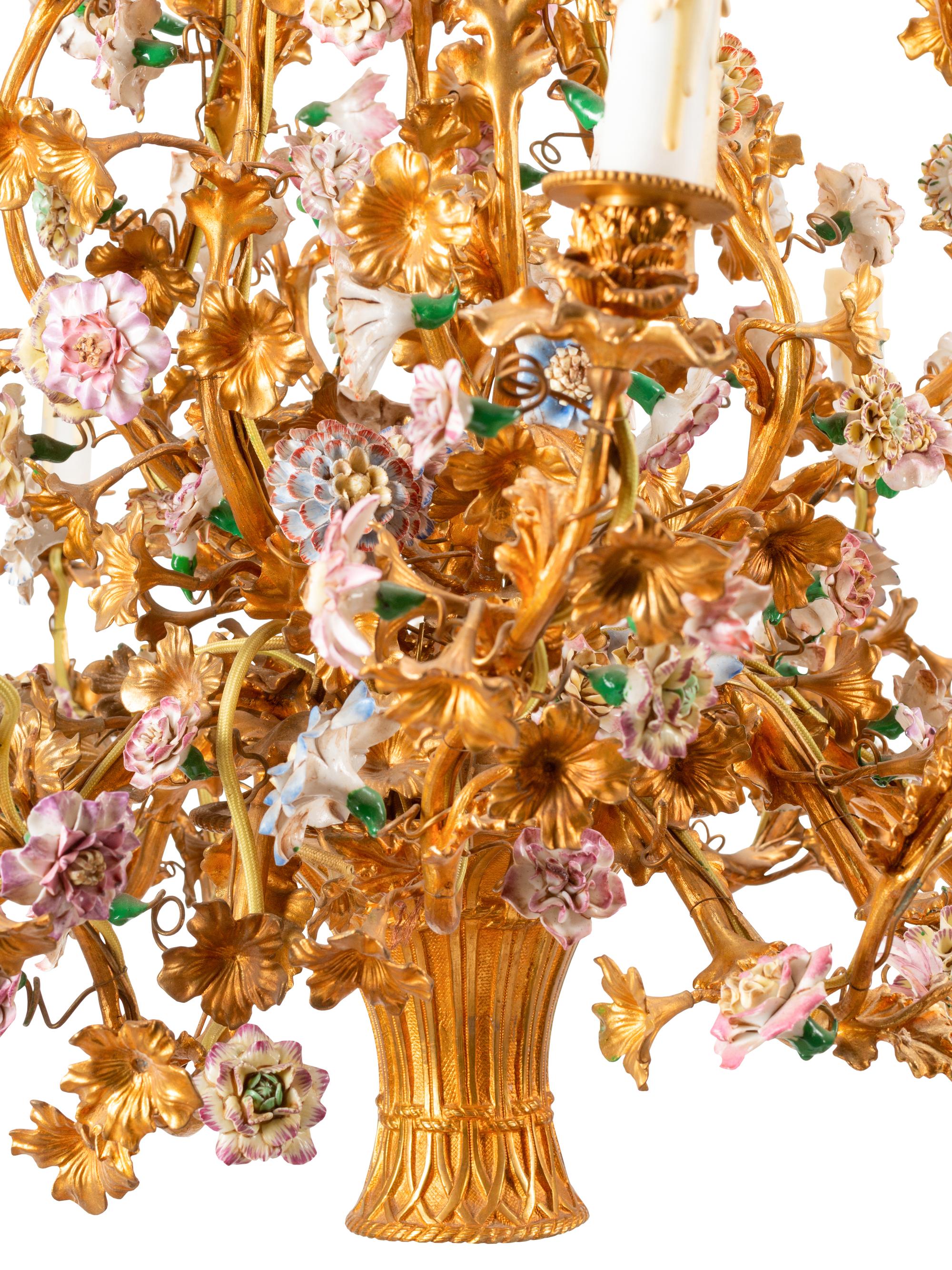 A Louis XV Style Gilt Bronze and Porcelain Basket-Form Chandelier