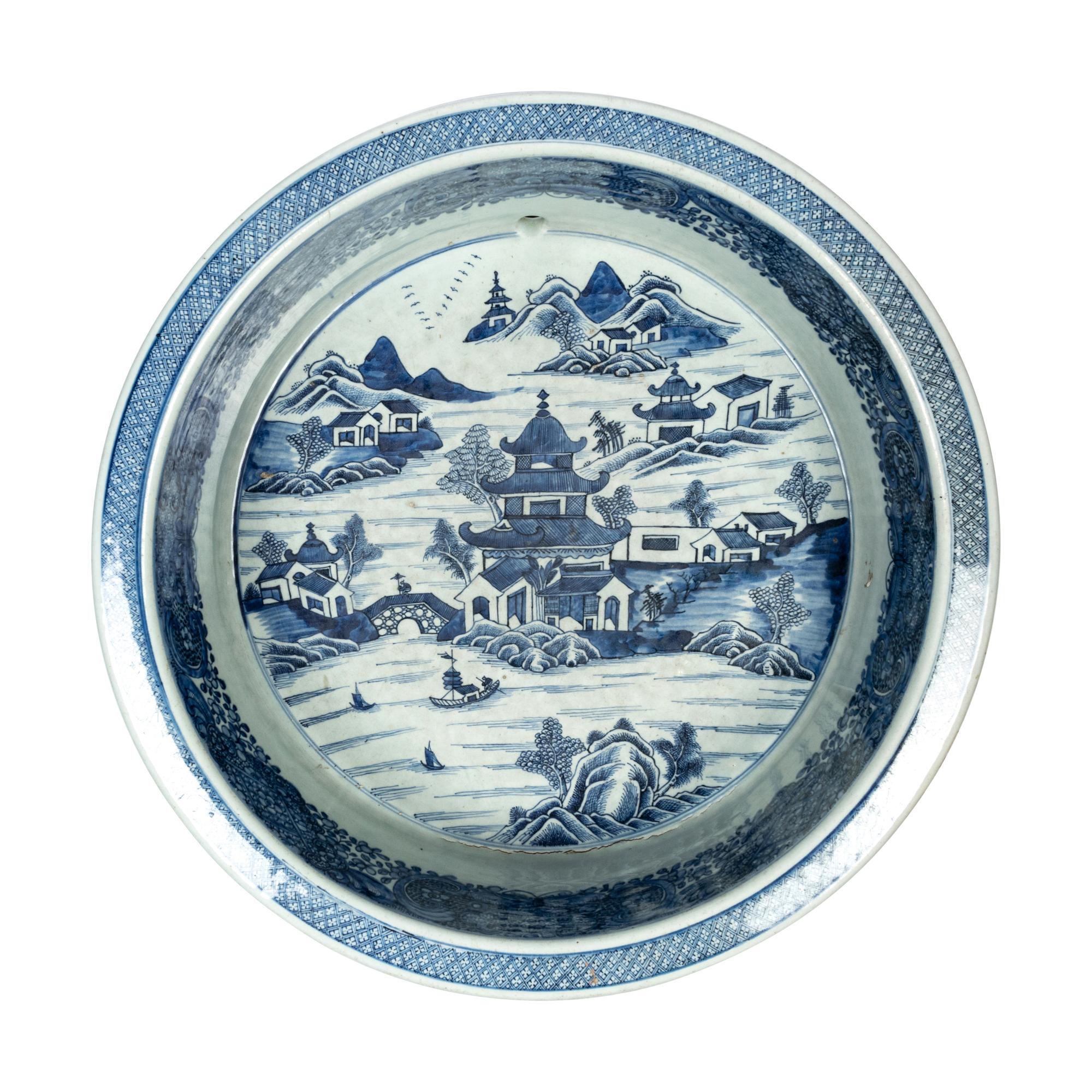 A Large Chinese Export Blue Canton Porcelain Basin