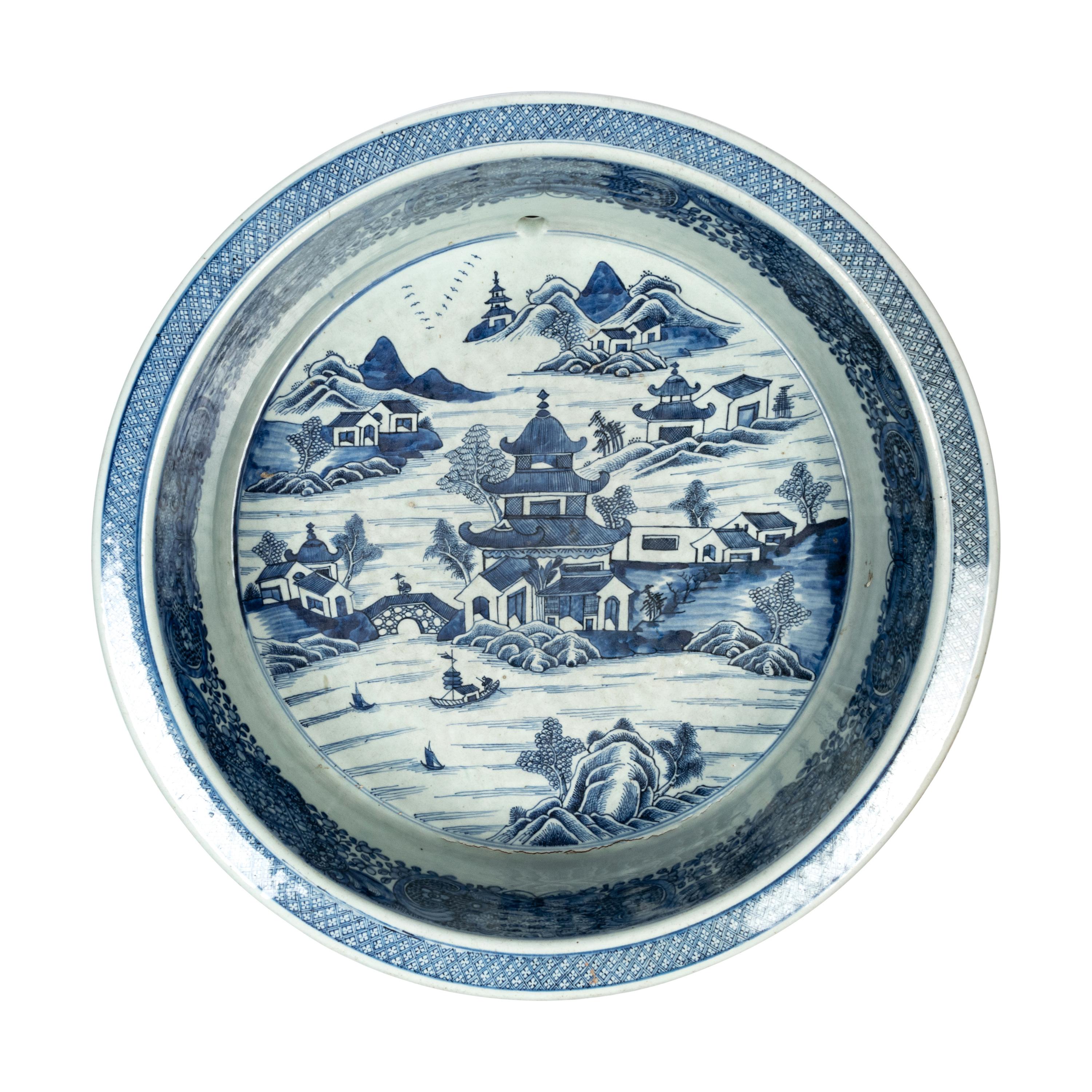 A Large Chinese Export Blue Canton Porcelain Basin