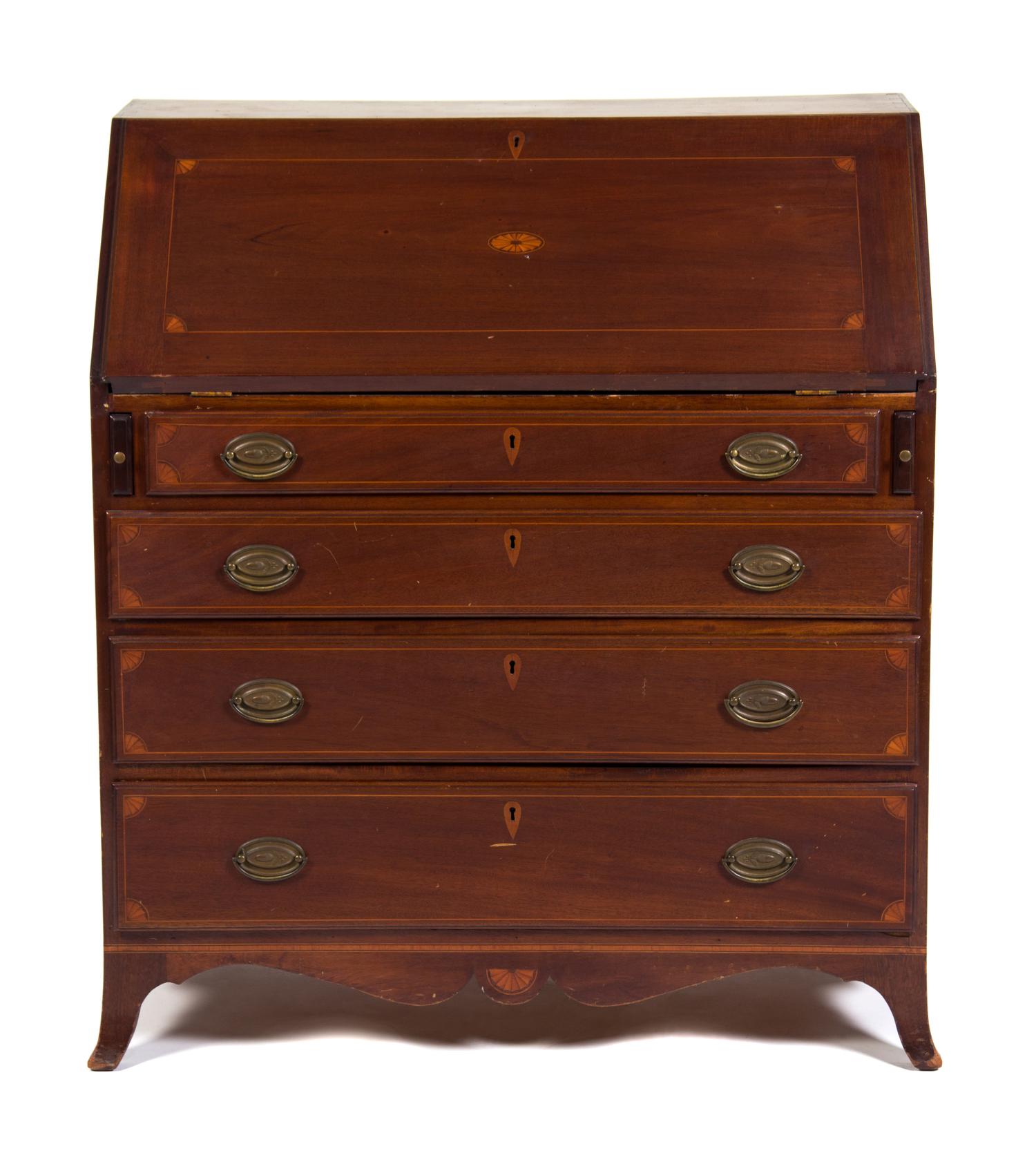 An American Walnut Slant Front Bureau Height 41 1/2 x width 36 3/4 x depth 19 1/2 inches.