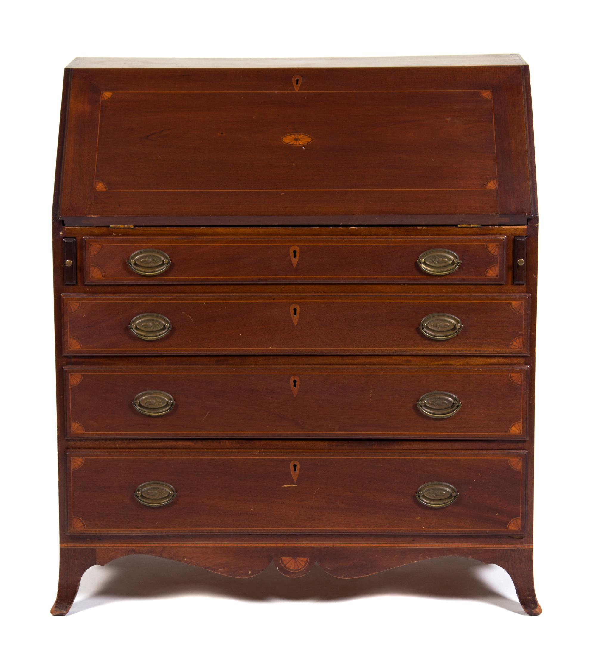 An American Walnut Slant Front Bureau Height 41 1/2 x width 36 3/4 x depth 19 1/2 inches.