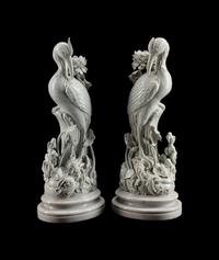 A Pair of Chinese Blanc de Chine Porcelain Crane-Form Candlesticks