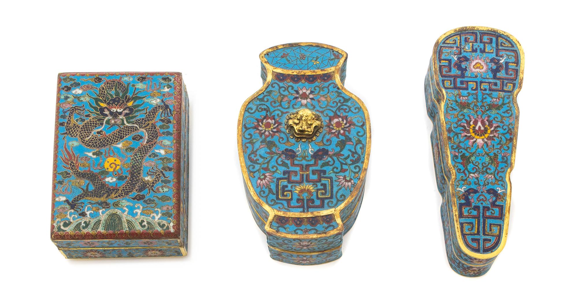 Three Cloisonne Enamel Covered Boxes Length of largest 6 1/2 inches.