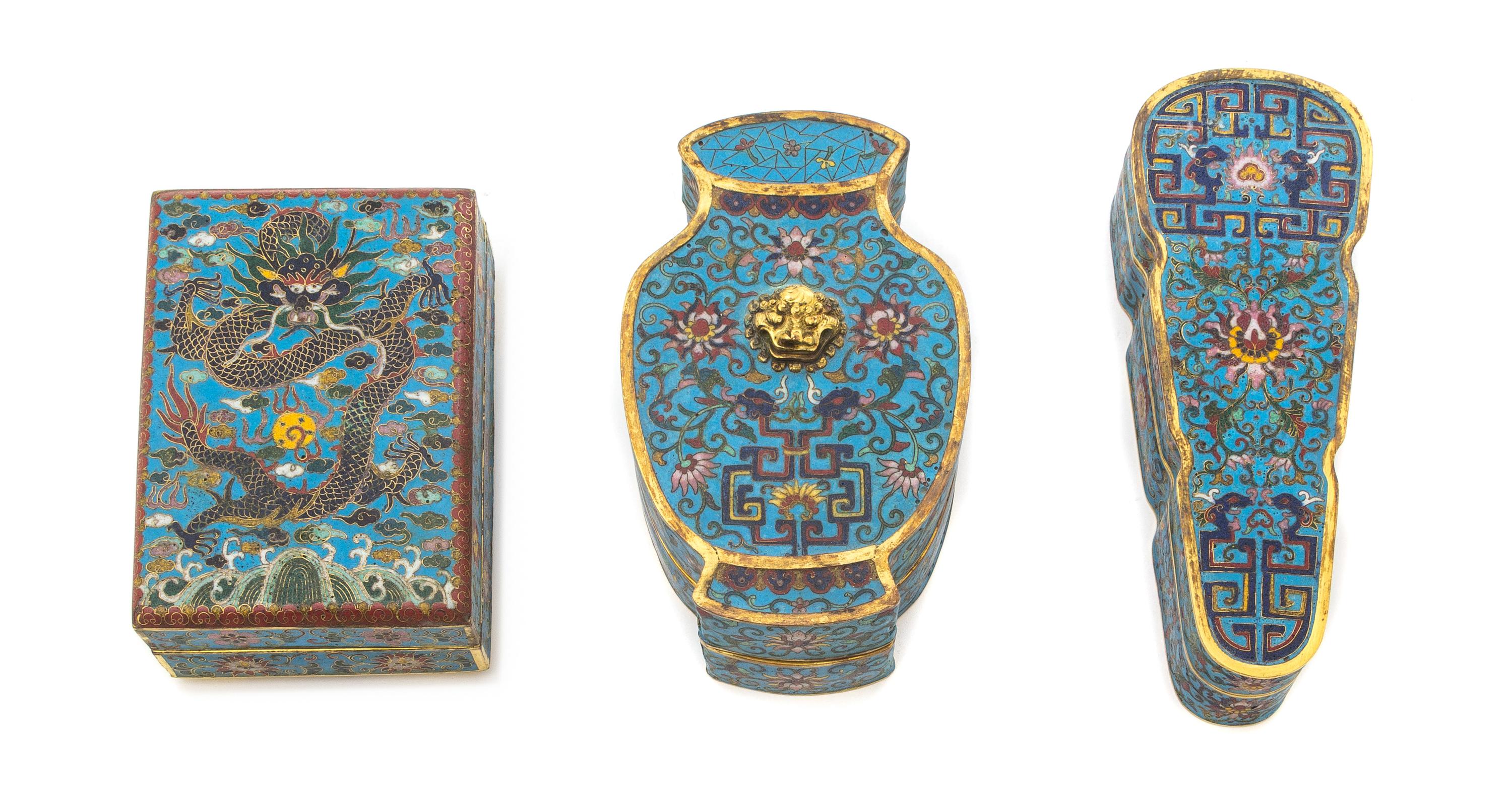 Three Cloisonne Enamel Covered Boxes Length of largest 6 1/2 inches.