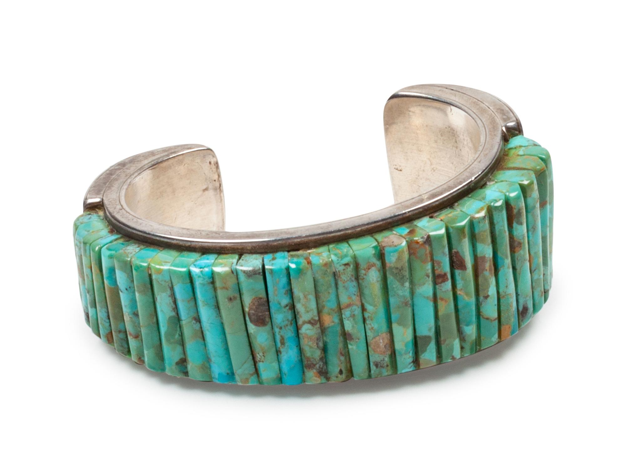 Sterling silver cuff bracelet with turquoise cobblestone inlay