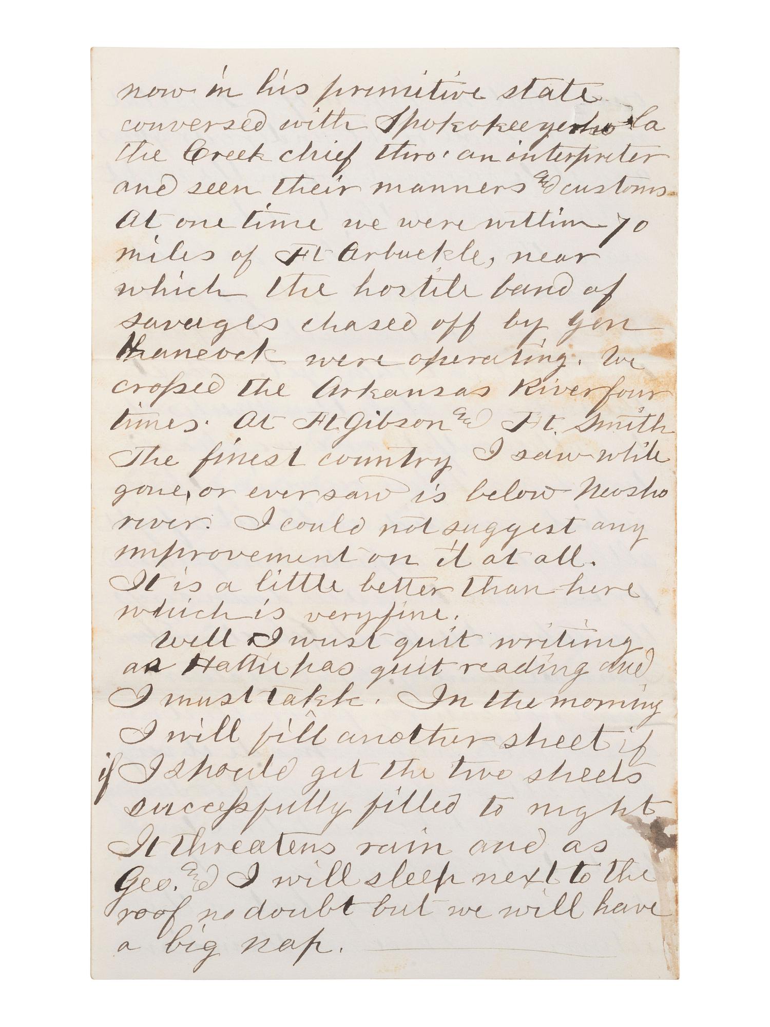 [KANSAS] -- [NATIVE AMERICANS]. 6 page ALS from Fort Lincoln, KS, 18 June 1867.