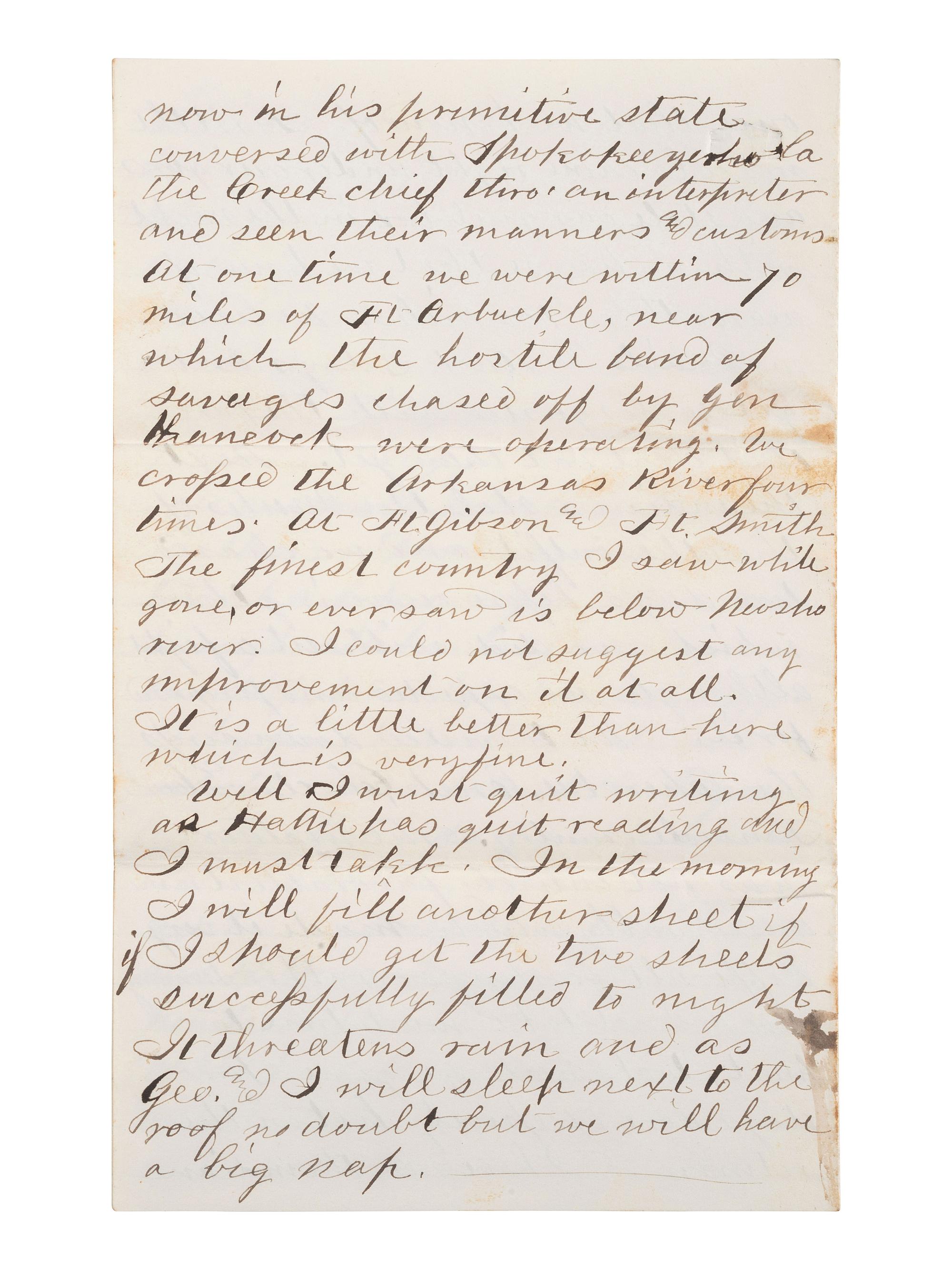 [KANSAS] -- [NATIVE AMERICANS]. 6 page ALS from Fort Lincoln, KS, 18 June 1867.