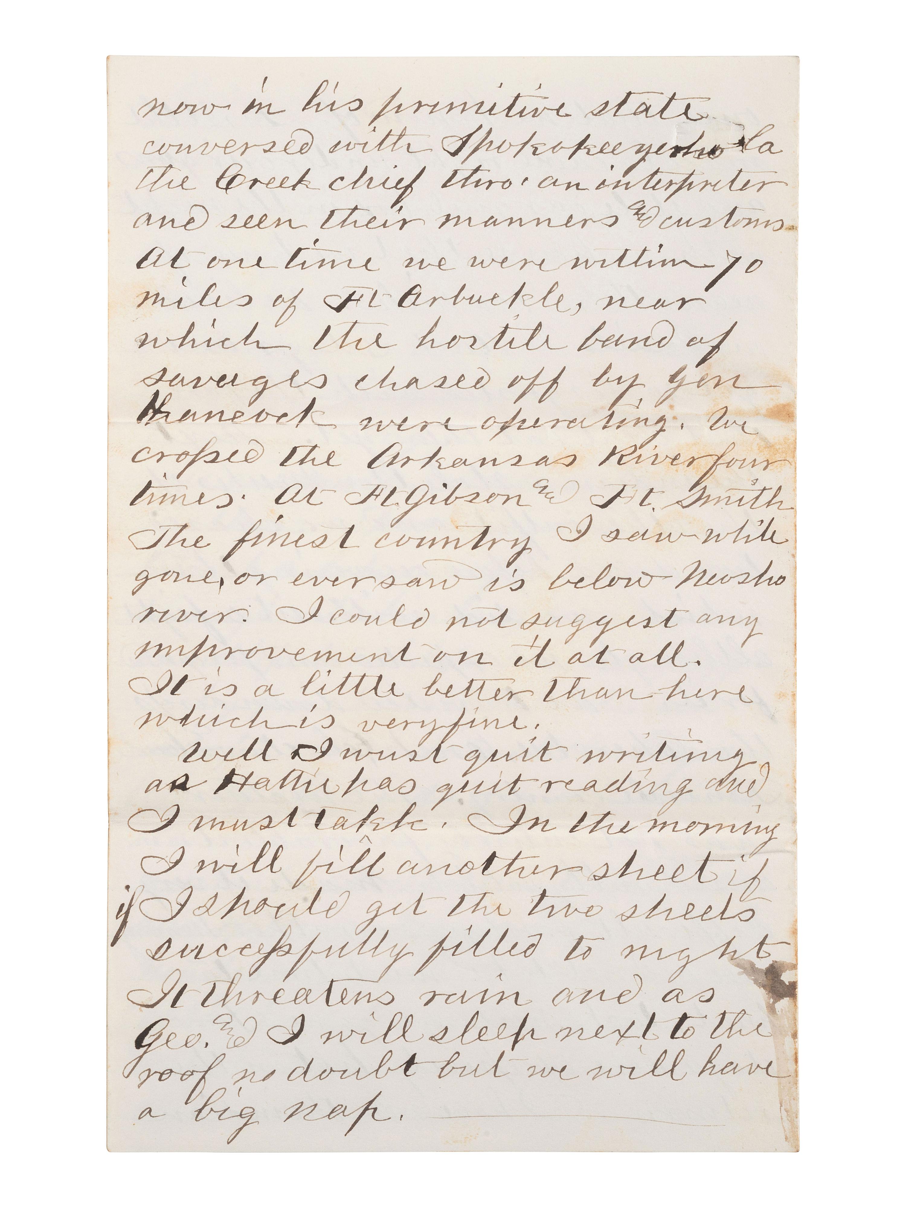 [KANSAS] -- [NATIVE AMERICANS]. 6 page ALS from Fort Lincoln, KS, 18 June 1867.