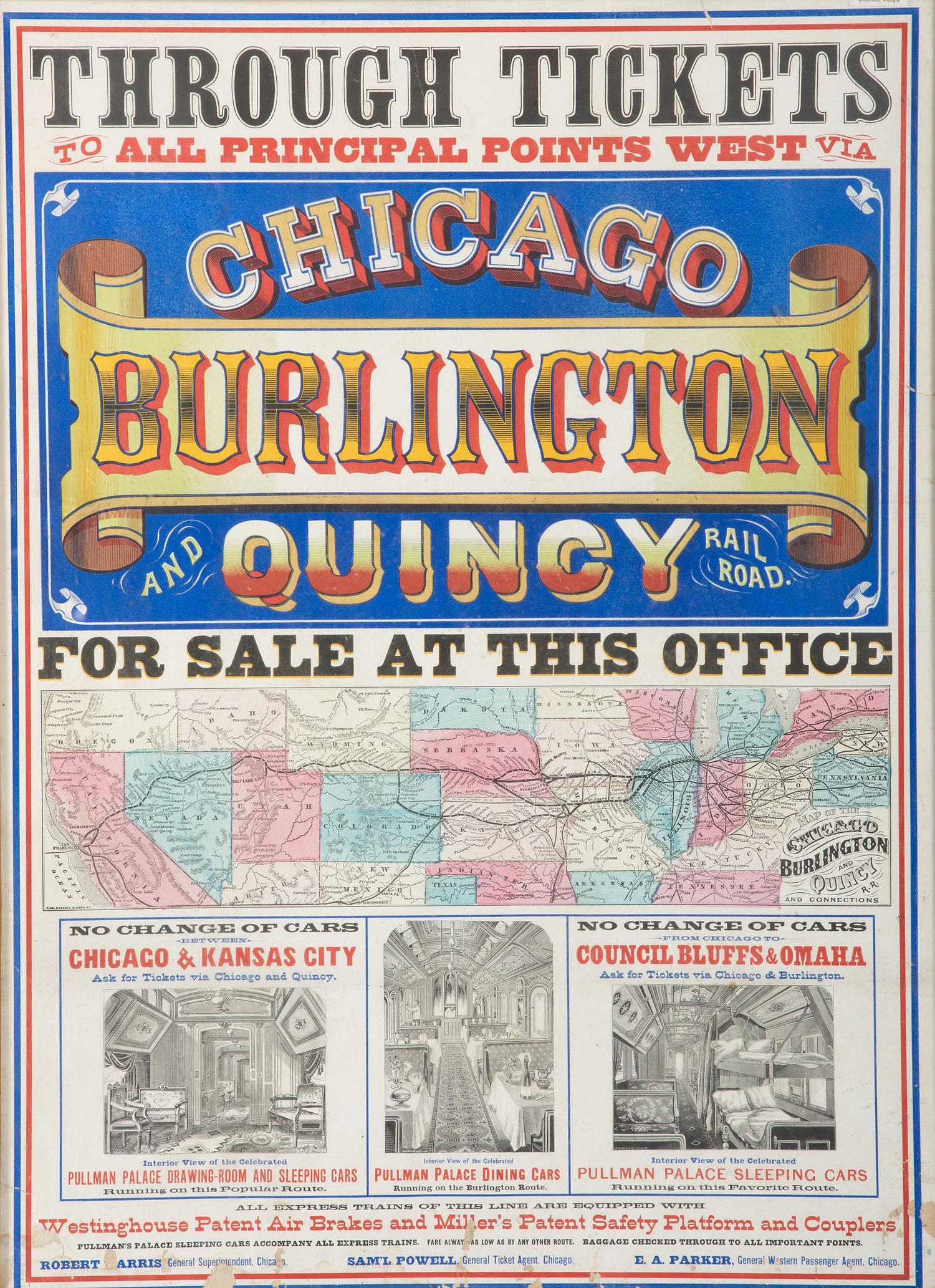 [TRANSPORTATION - RAILROAD]. Through Tickets to All Principal Points West Via Chicago Burlington and Quincy Railroad For Sale at This Office. Chicago, IL: Norton & Leonard Printers, n.d.