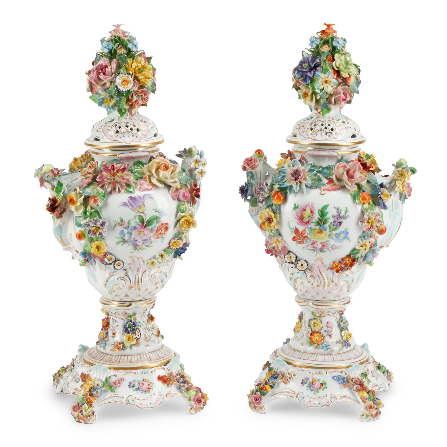 A Pair of Dresden Porcelain Urns and Covers