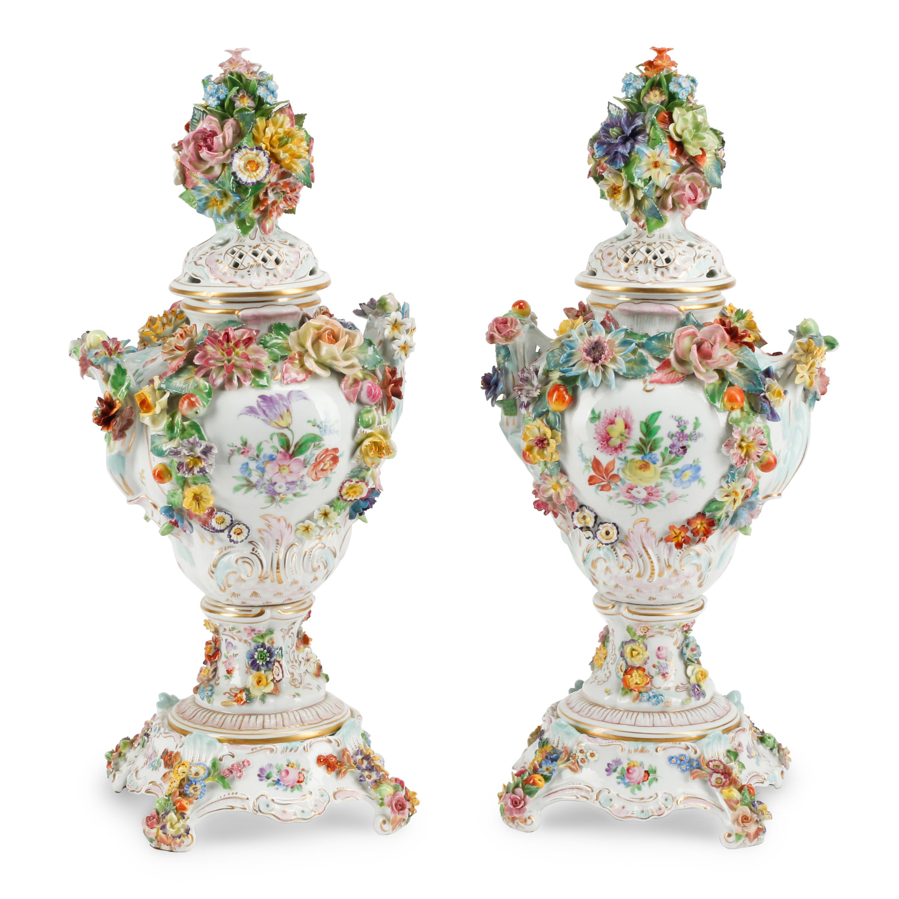 A Pair of Dresden Porcelain Urns and Covers