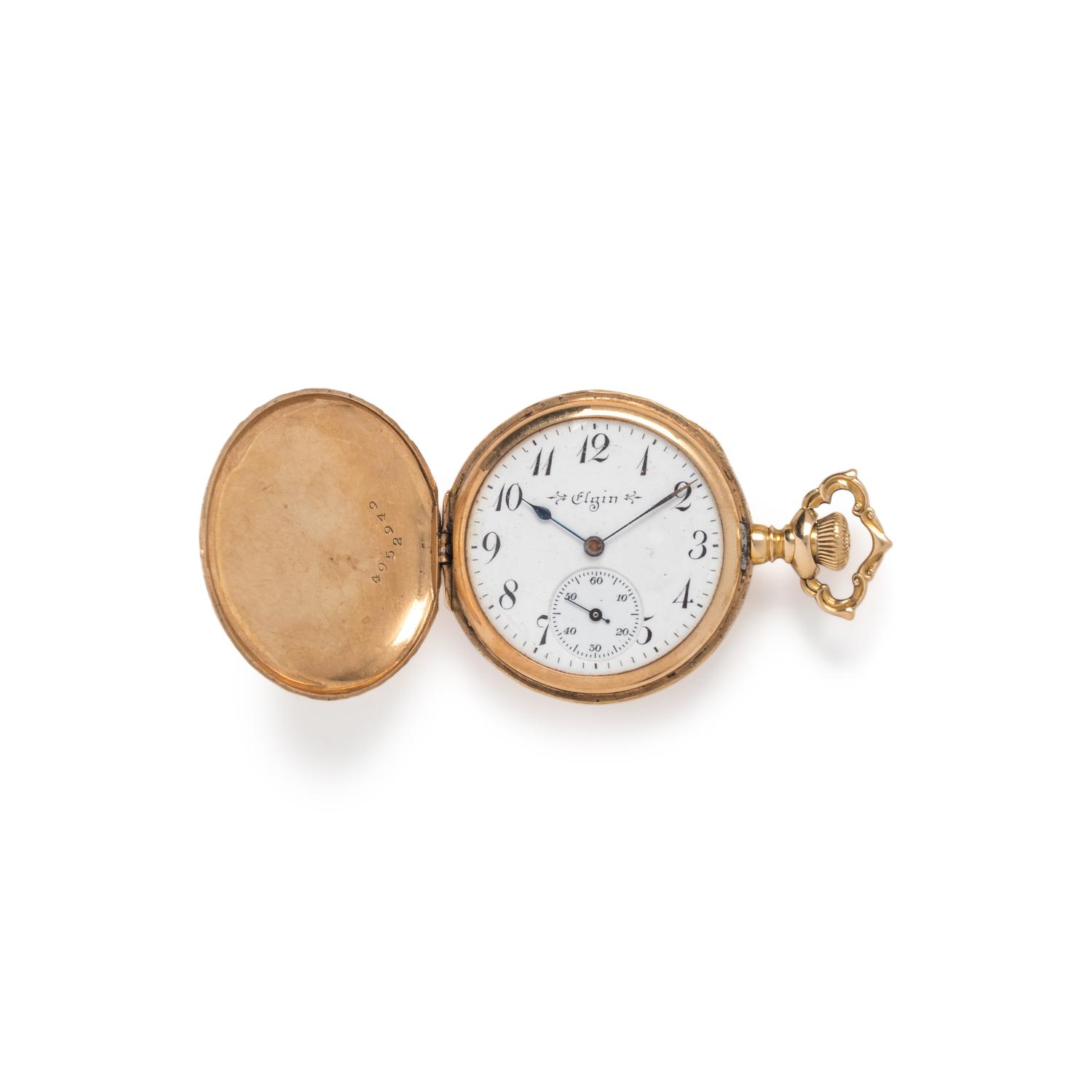 14K YELLOW GOLD AND DIAMOND HUNTER CASE POCKET WATCH AND CHAIN