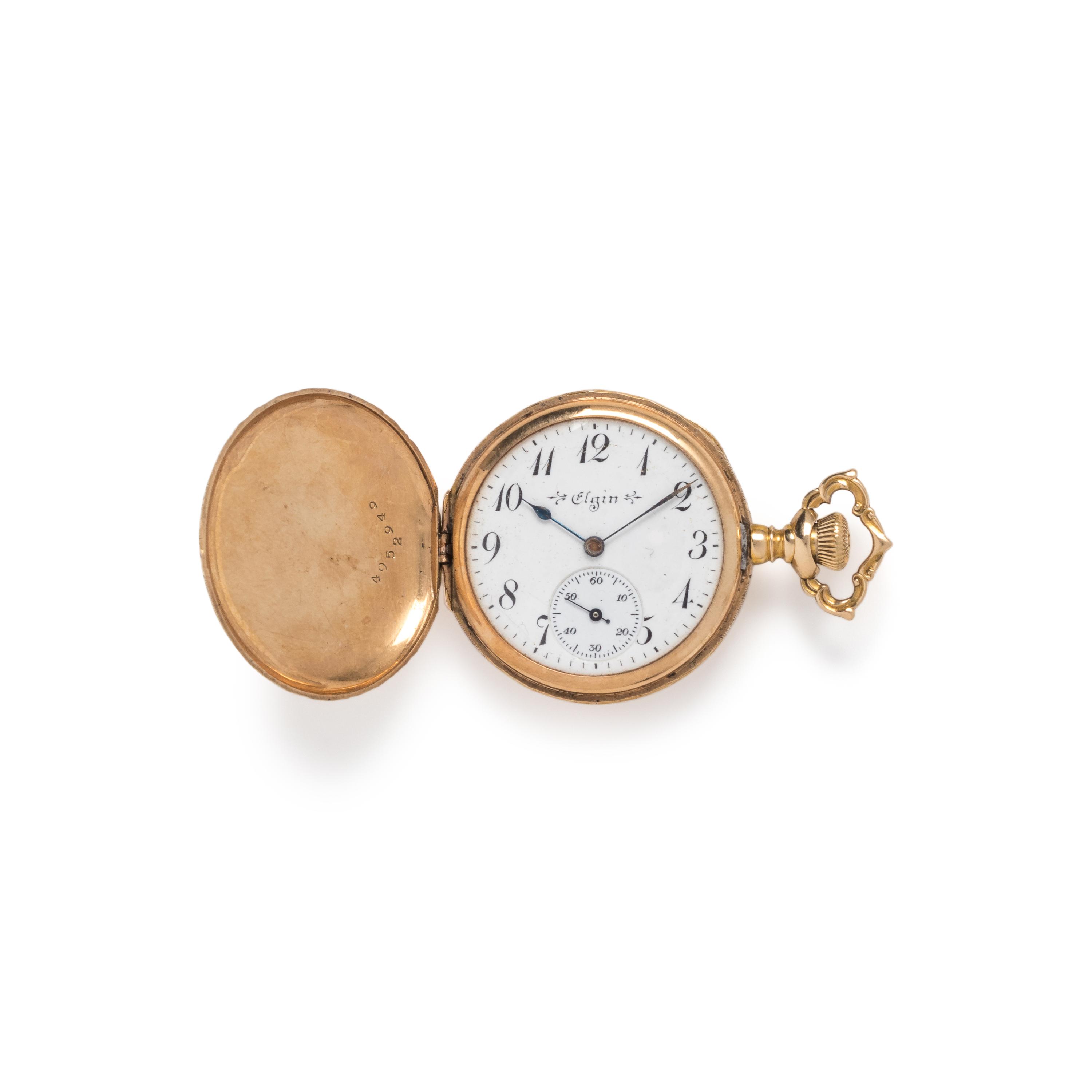 14K YELLOW GOLD AND DIAMOND HUNTER CASE POCKET WATCH AND CHAIN