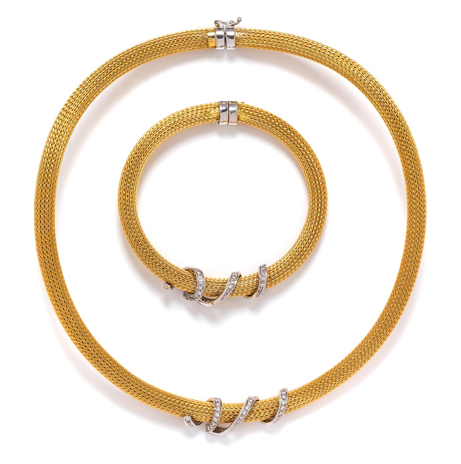 An 18 Karat Bicolor Gold and Diamond Demi Parure, 65.50 dwts.