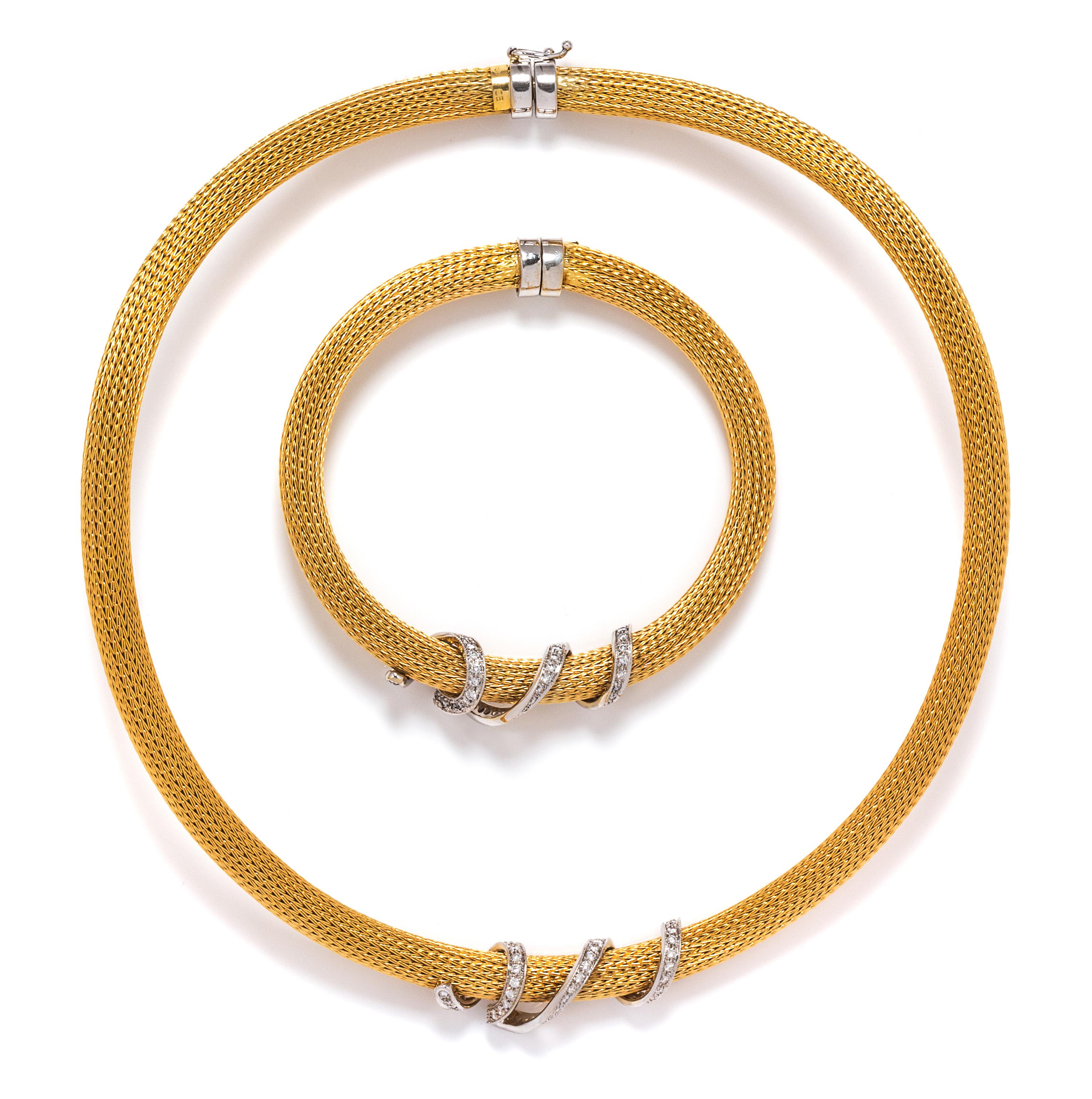 An 18 Karat Bicolor Gold and Diamond Demi Parure, 65.50 dwts.