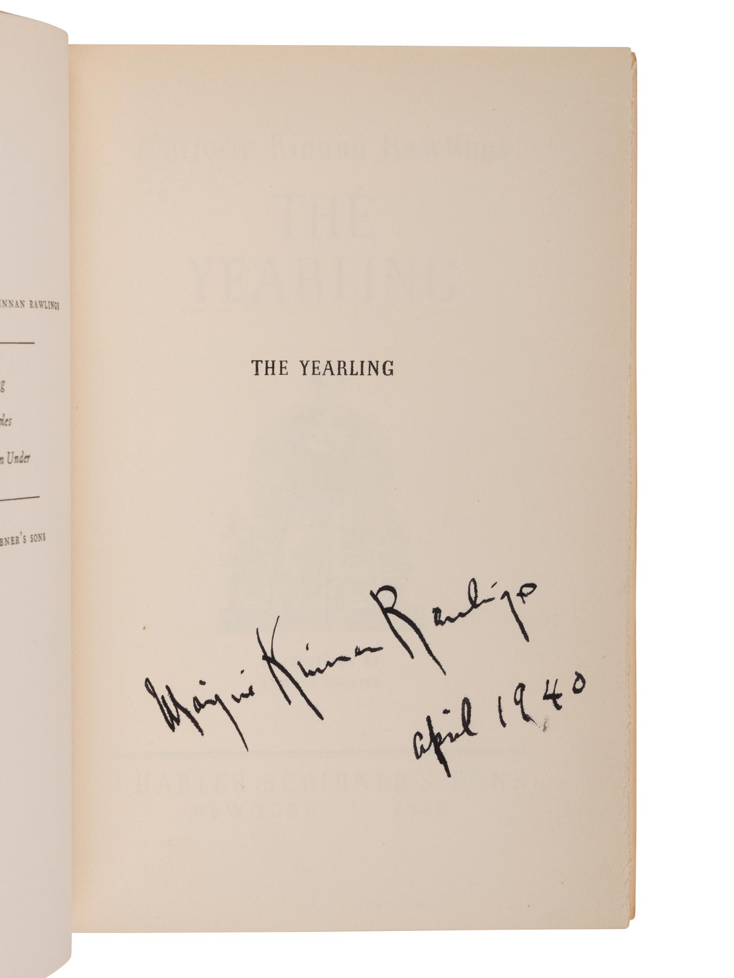 RAWLINGS, Marjorie Kinnan (1896-1953). The Yearling . New York: Charles Scribner's Sons, 1938.