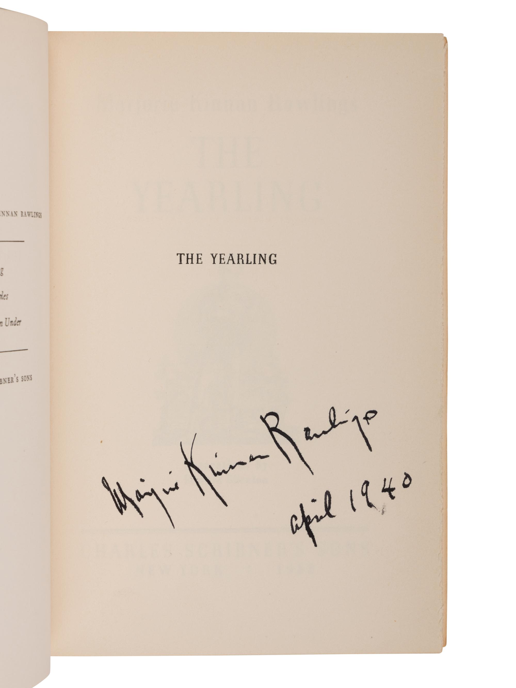 RAWLINGS, Marjorie Kinnan (1896-1953). The Yearling . New York: Charles Scribner's Sons, 1938.