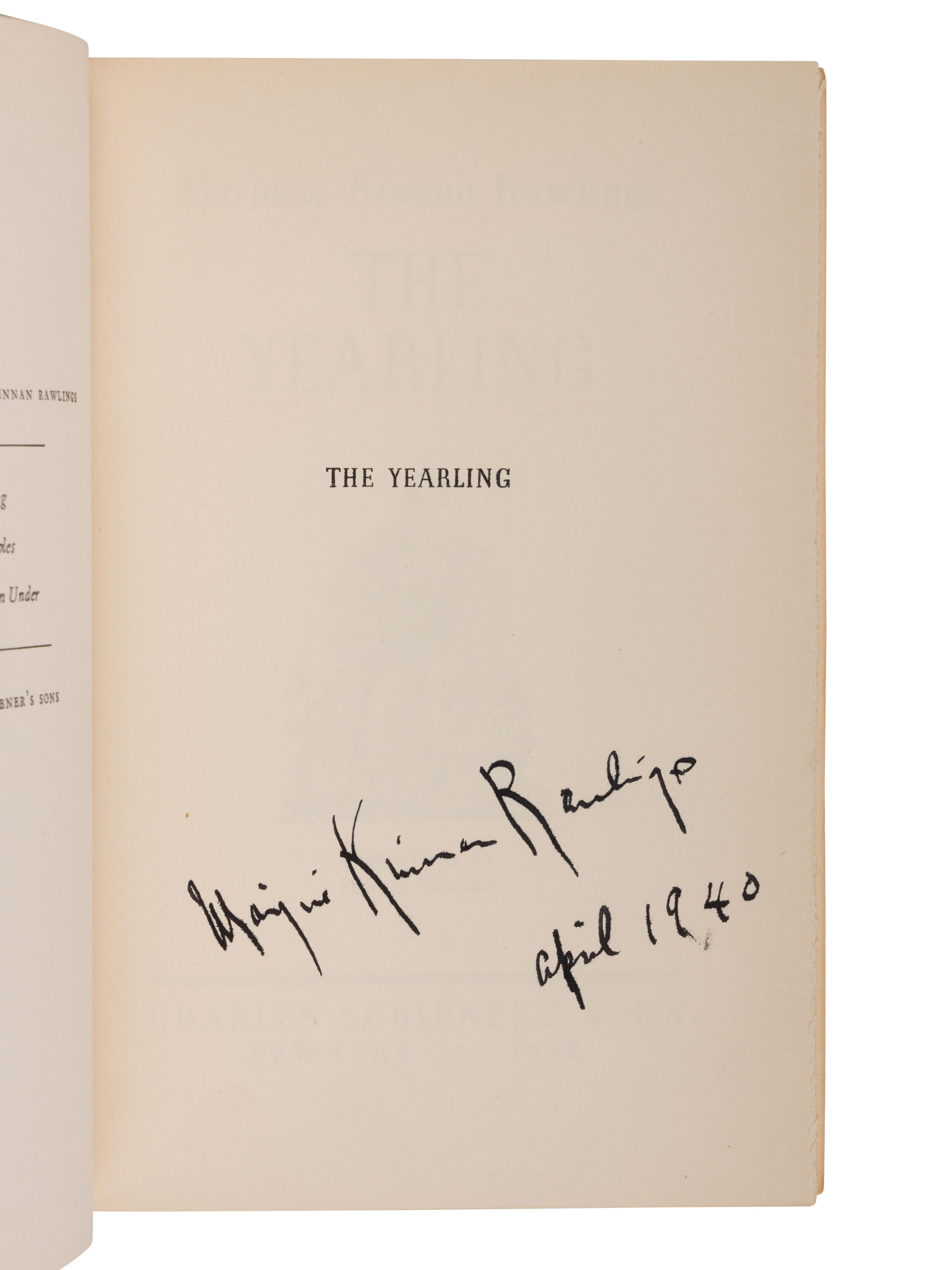 RAWLINGS, Marjorie Kinnan (1896-1953). The Yearling . New York: Charles Scribner's Sons, 1938.
