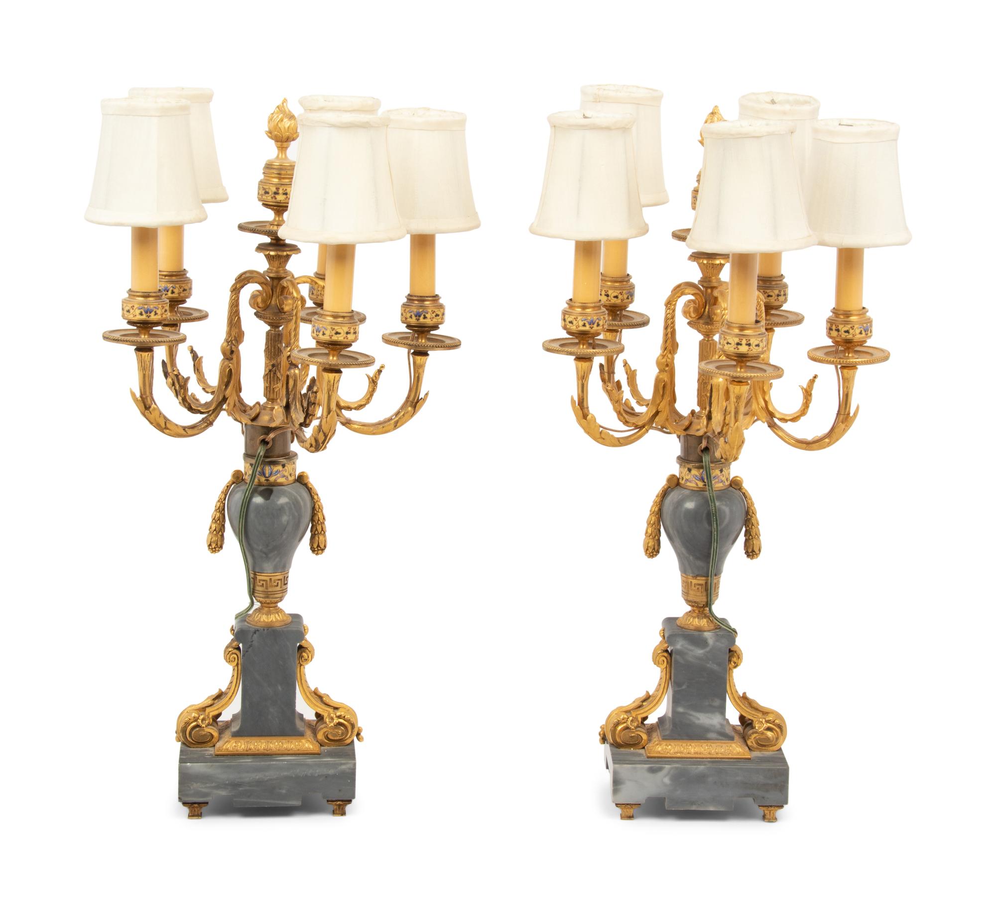A Pair of Napoleon III Style Gilt Bronze, Marble and Champlevé Five-Light Candelabra